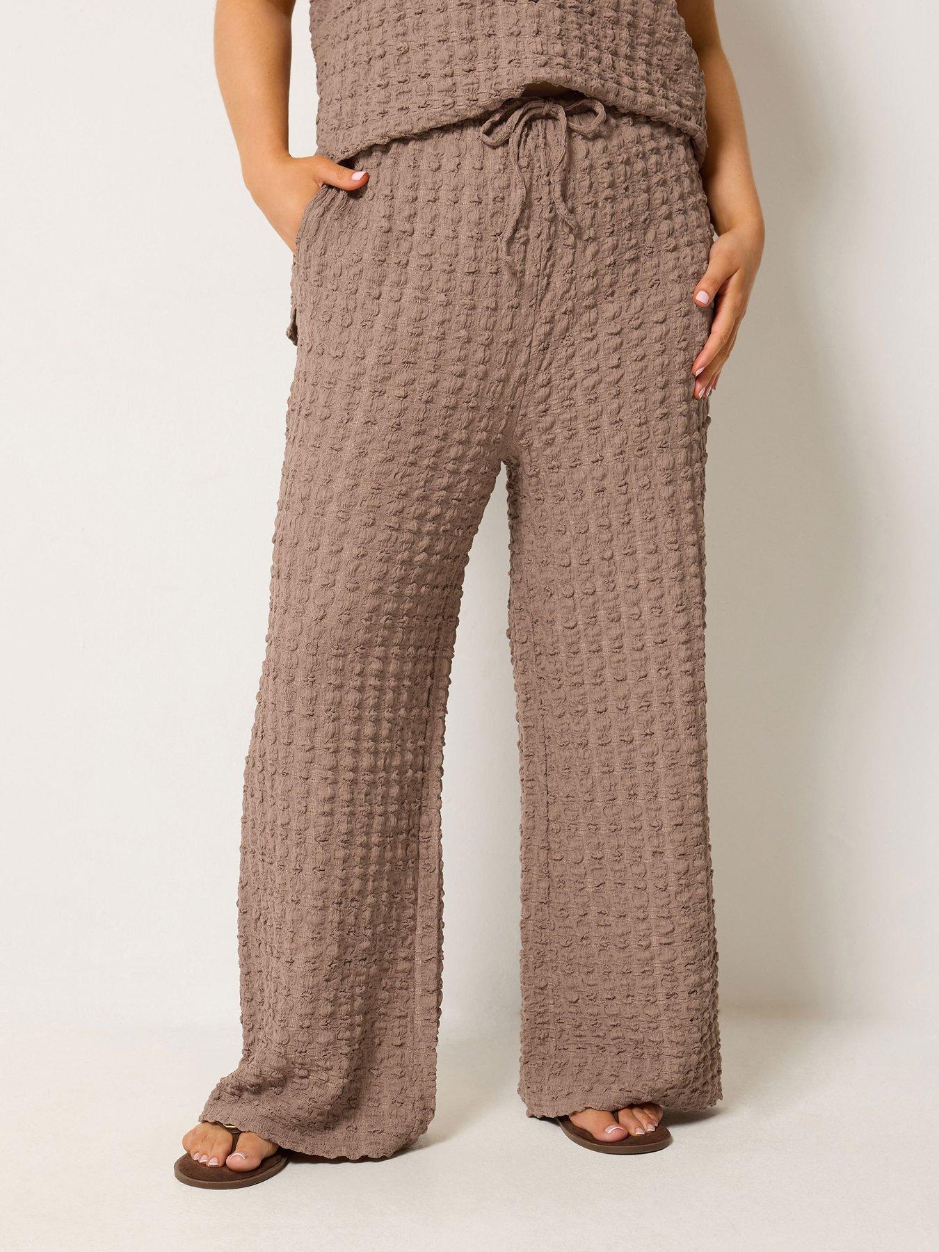 Yours Curve Bubble Textured Wide Leg Trousers 28" - Brown