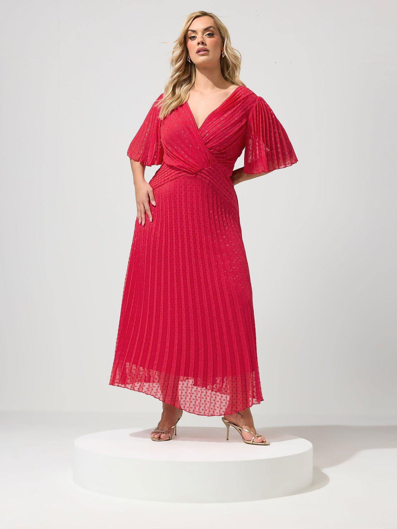 Yours Curve Metallic Pleated Wrap Dress - Red