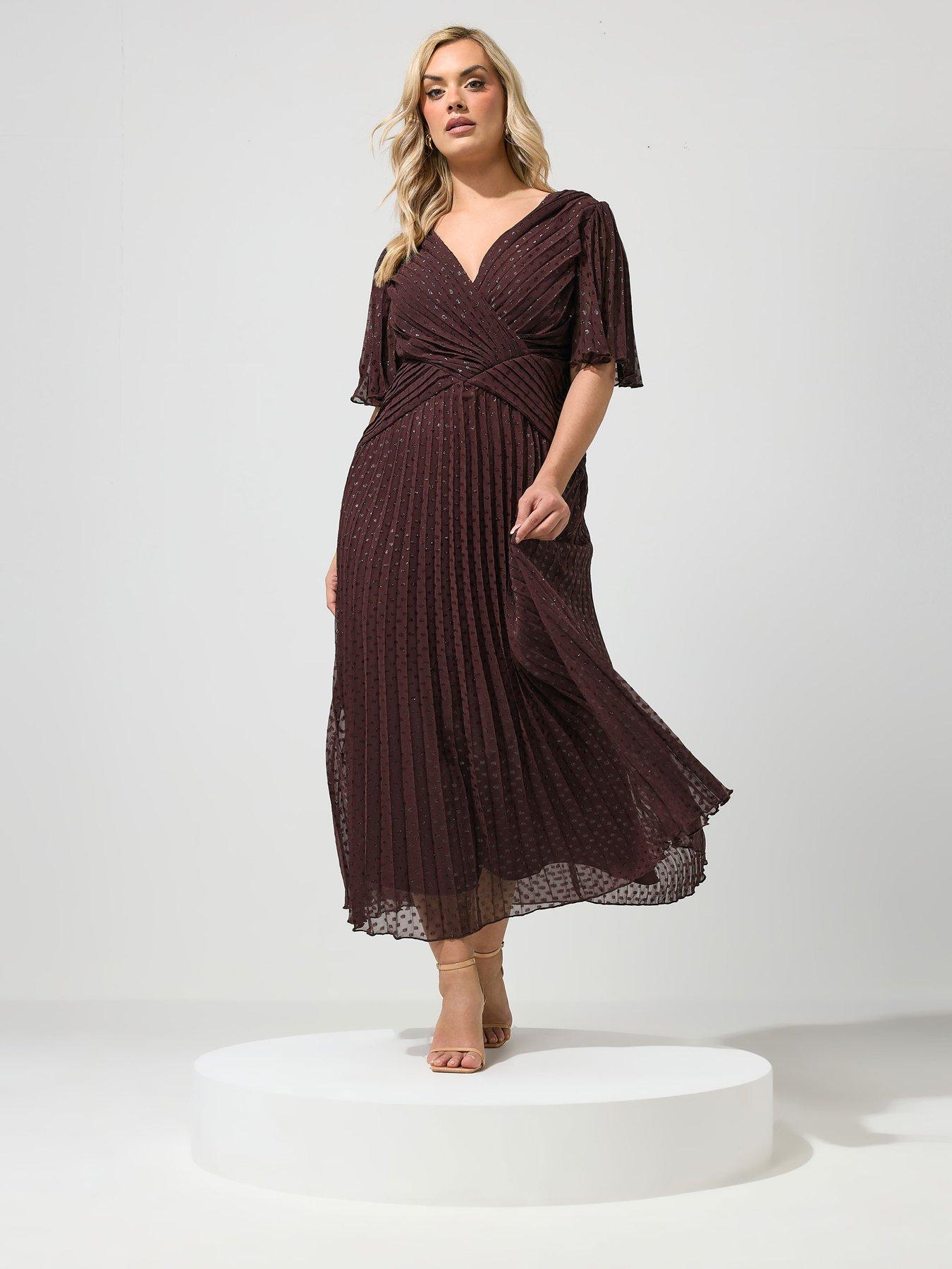 Yours Curve Metallic Pleated Wrap Dress - Brown