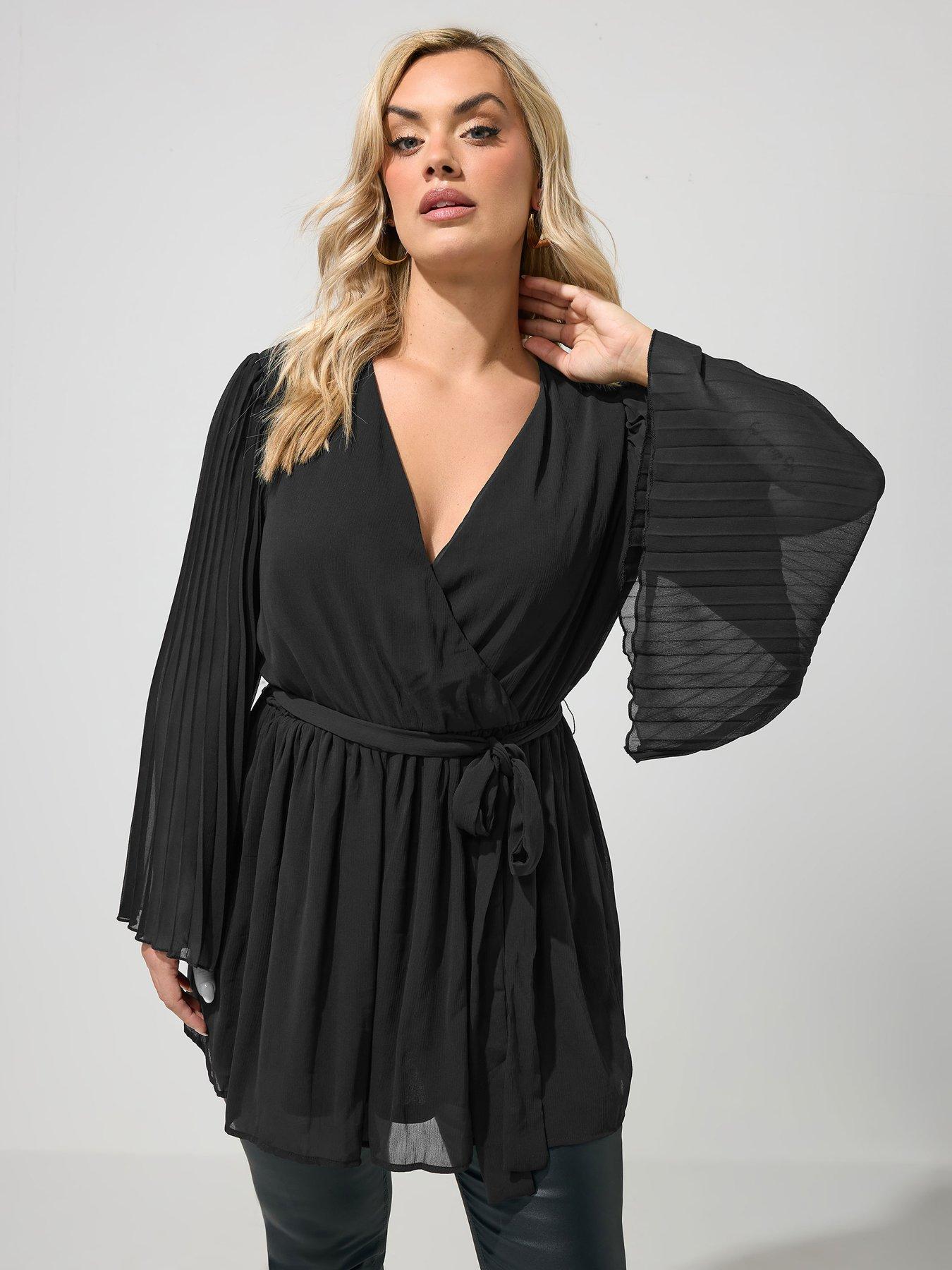 Yours Curve Pleat Sleeve Wrap Top - Black