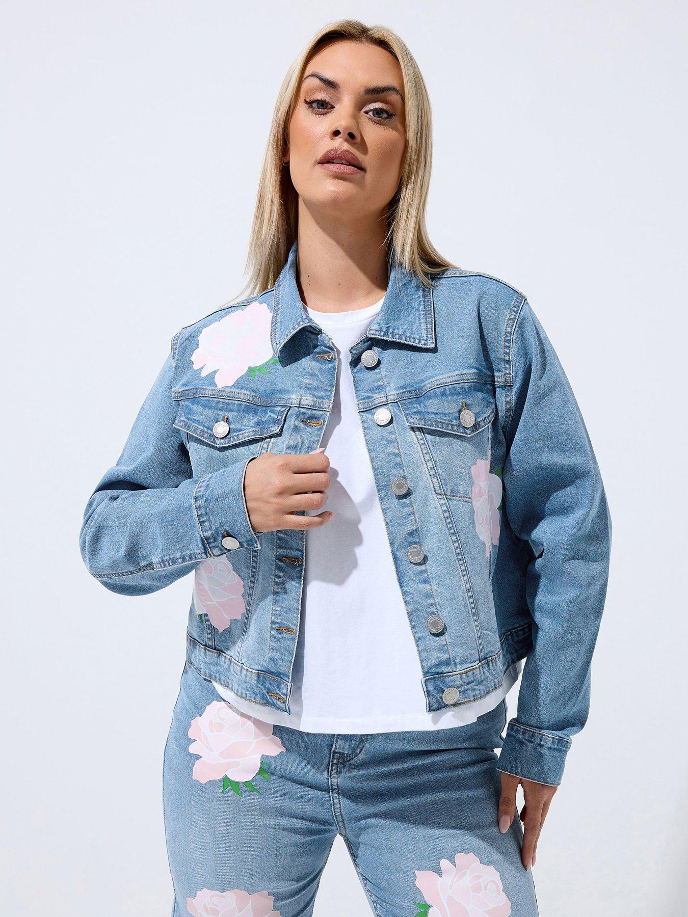 Yours Curve Rose Printed Denim Jacket - Blue