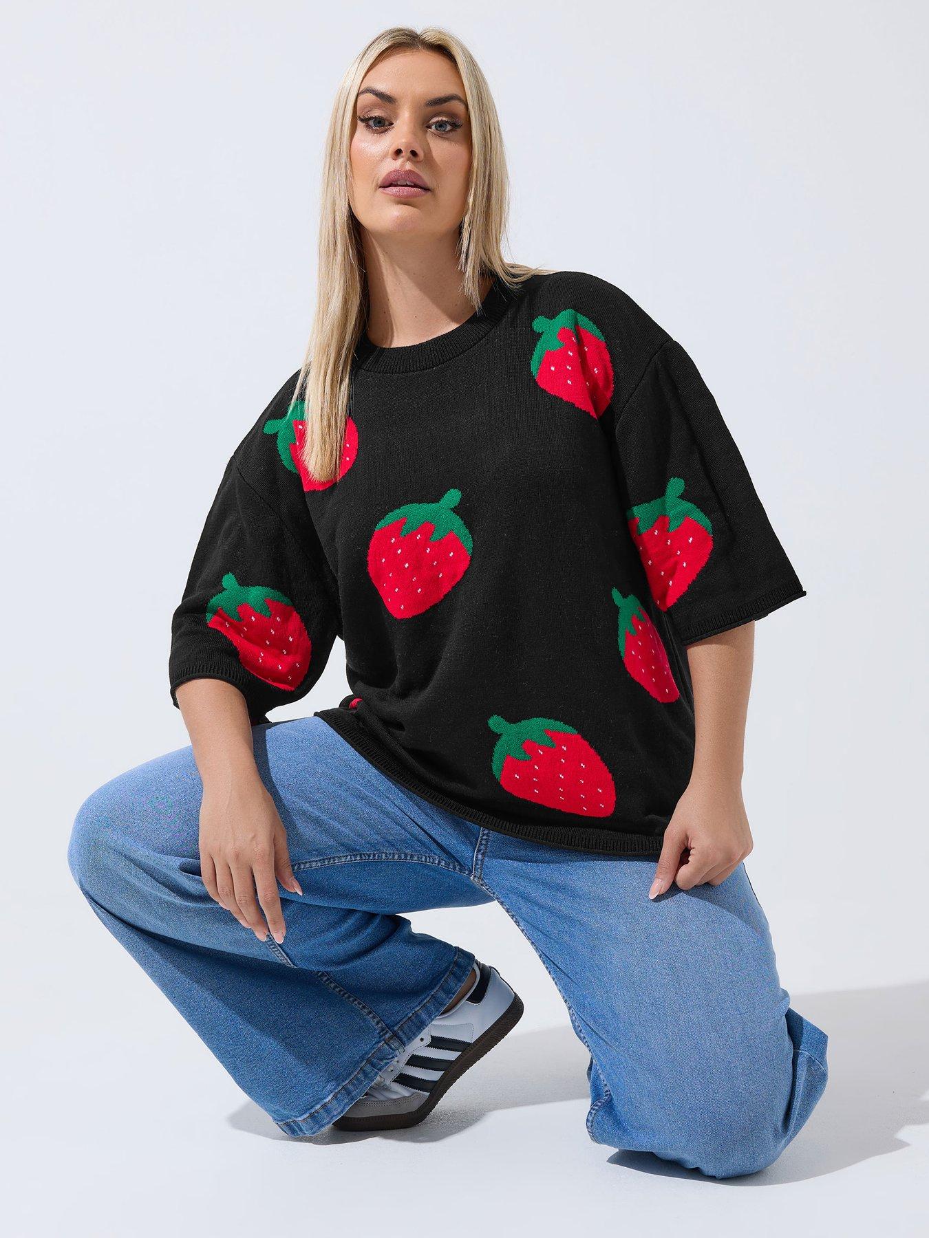 Yours Curve Strawberry Knit Boxy Top - Black
