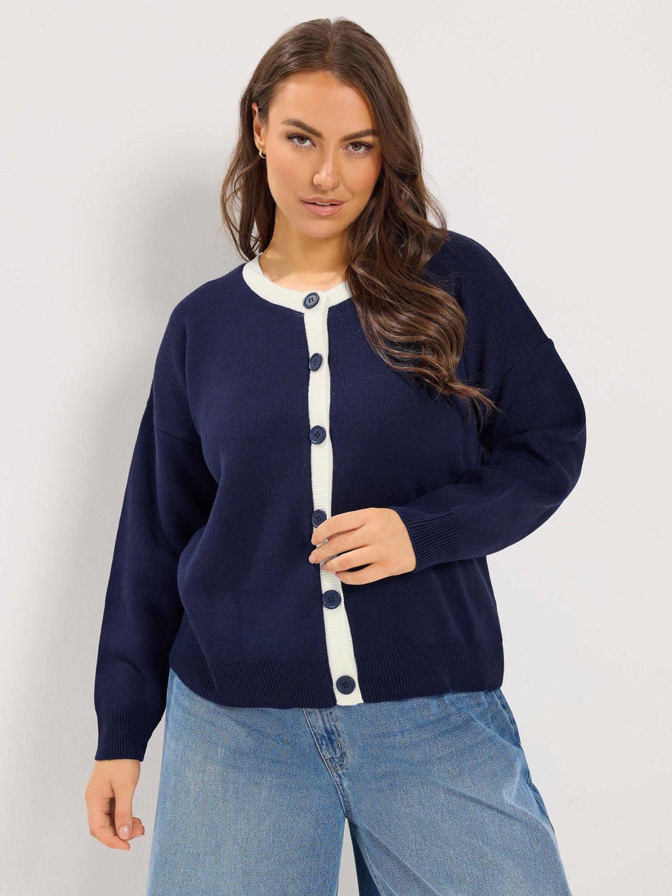 Yours Curve Contrast Knitted Cardigan - Blue
