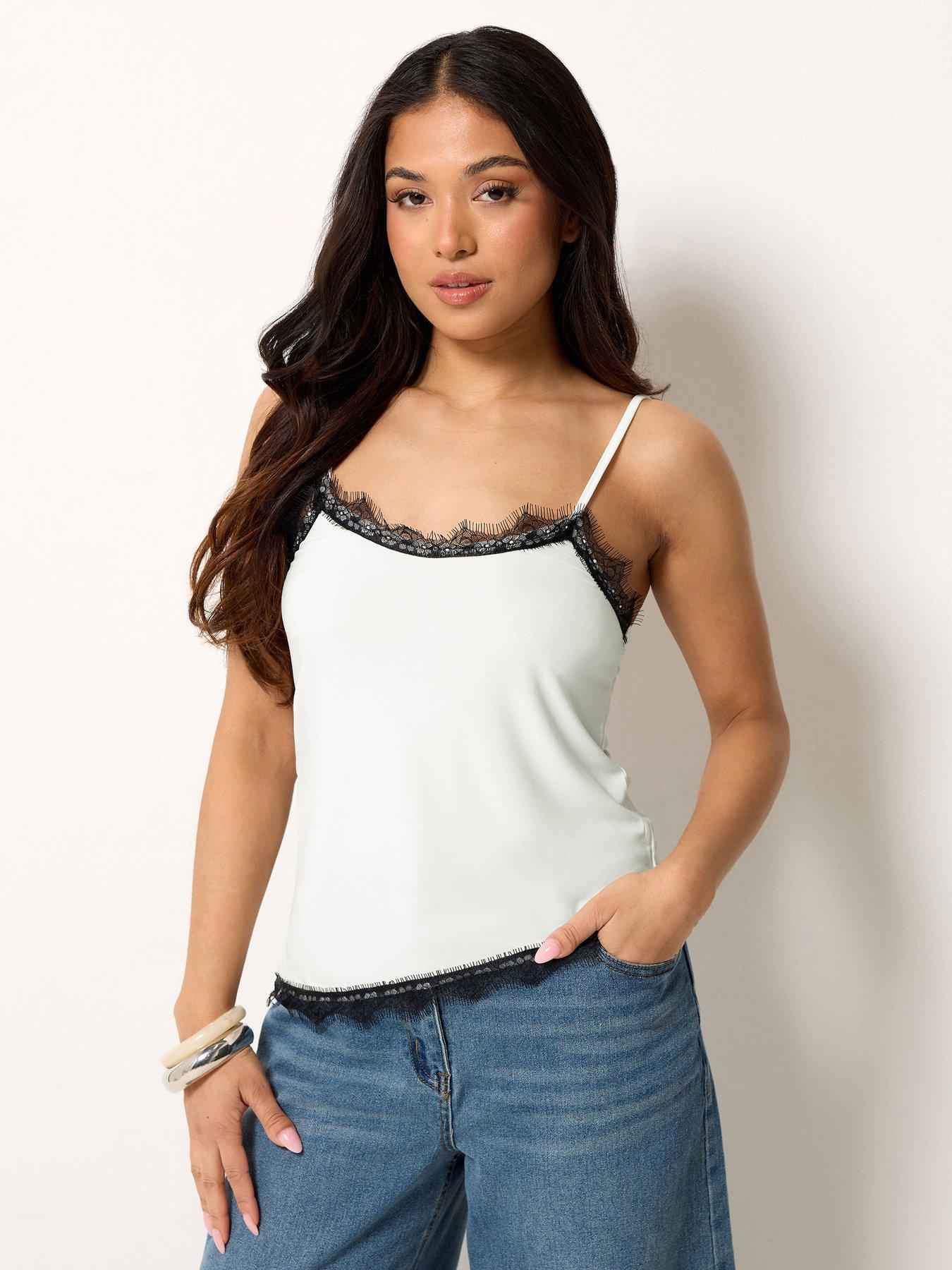 Image 1 of 4 of PixieGirl Petite Lace Trim Cami Top - White