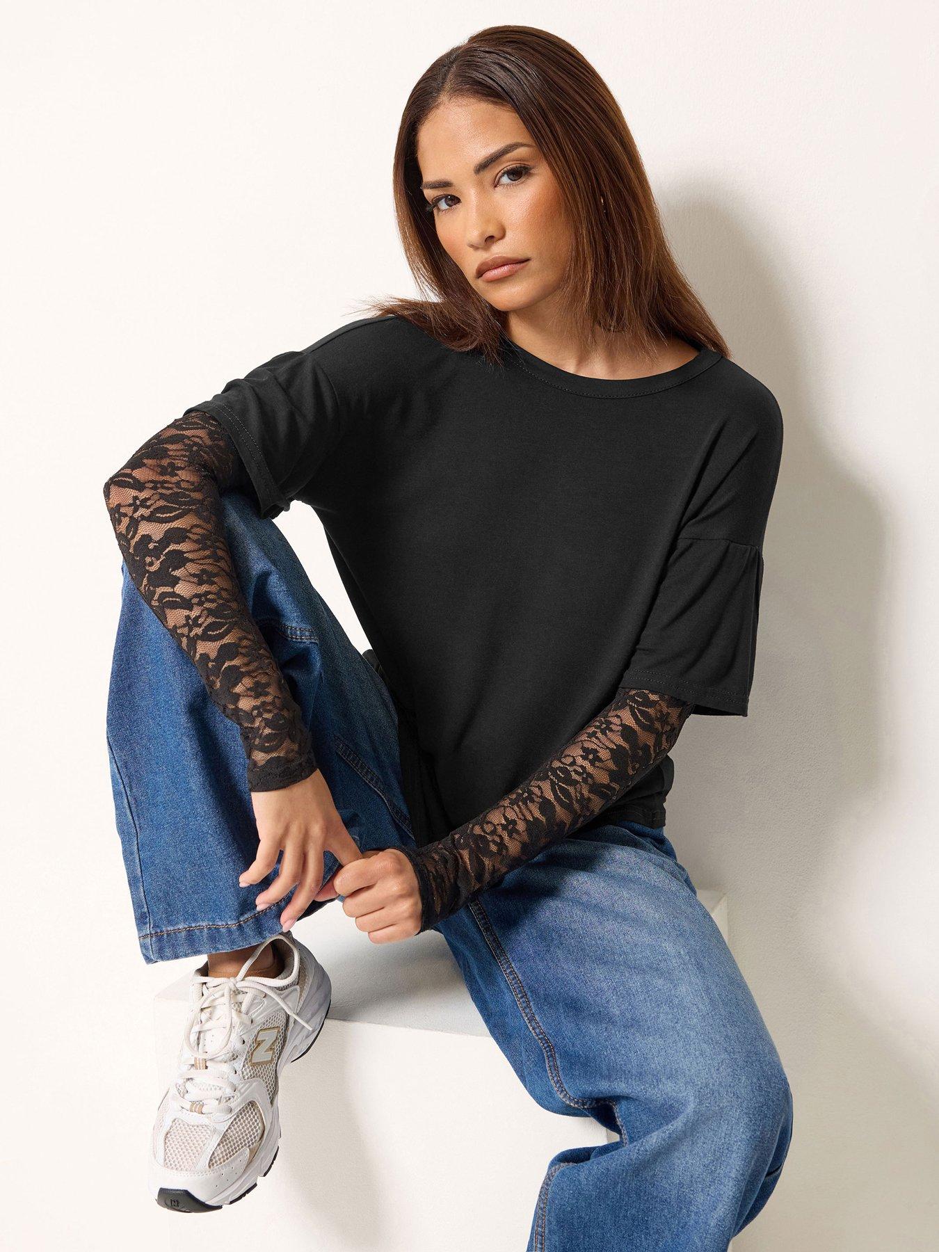 PixieGirl Petite Lace Sleeve T Shirt - Black