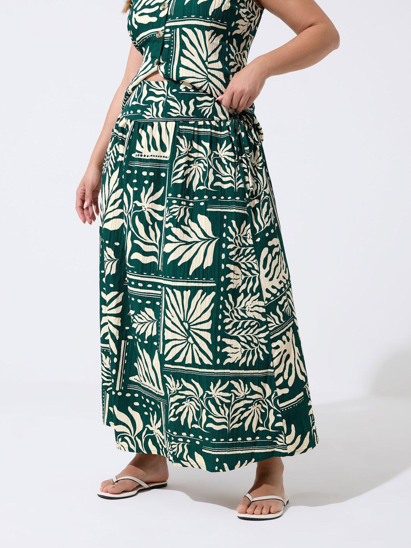 Yours Curve Abstract Palm Print Skirt - Green
