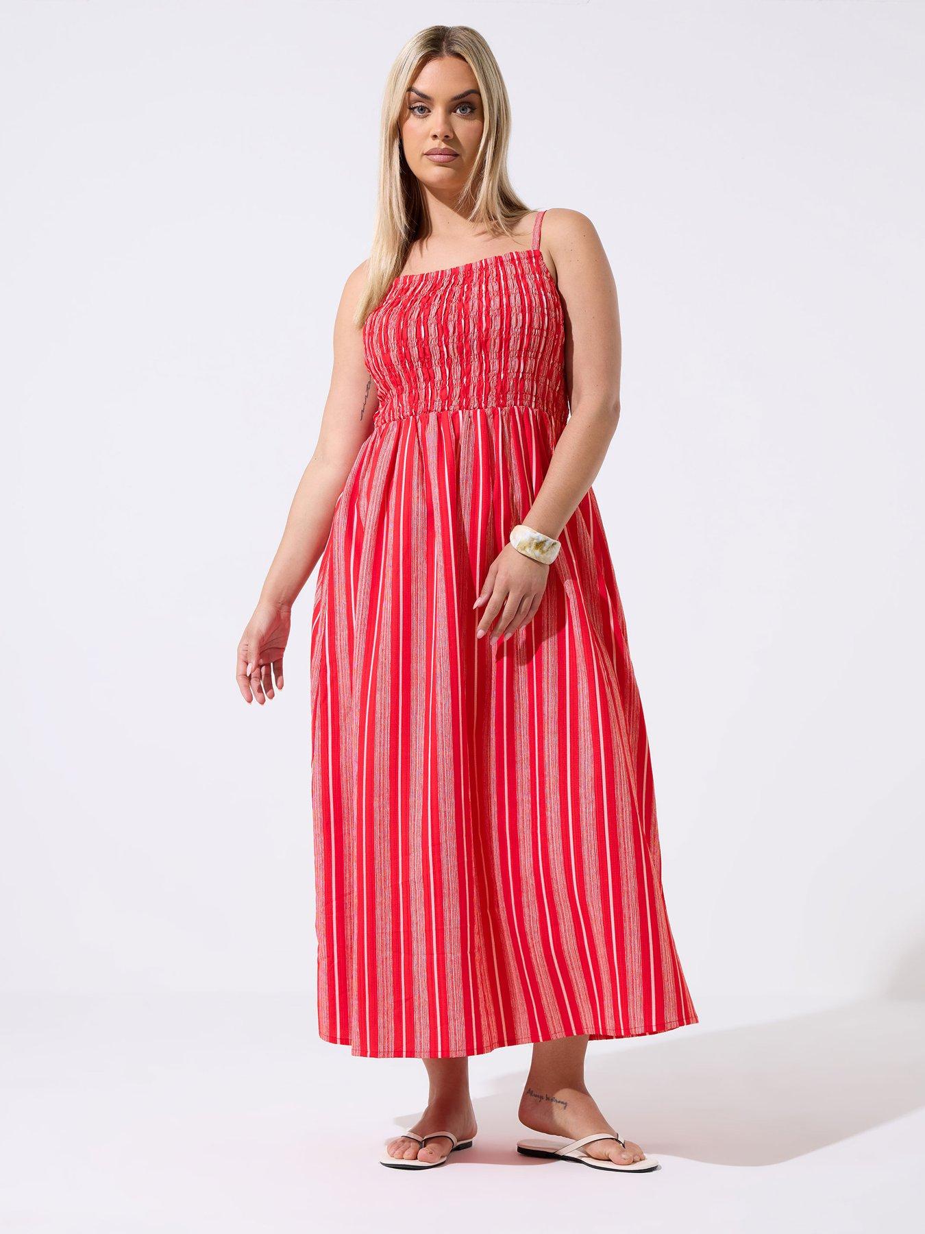 Yours Curve Strappy Shirred Stripe Print Dress