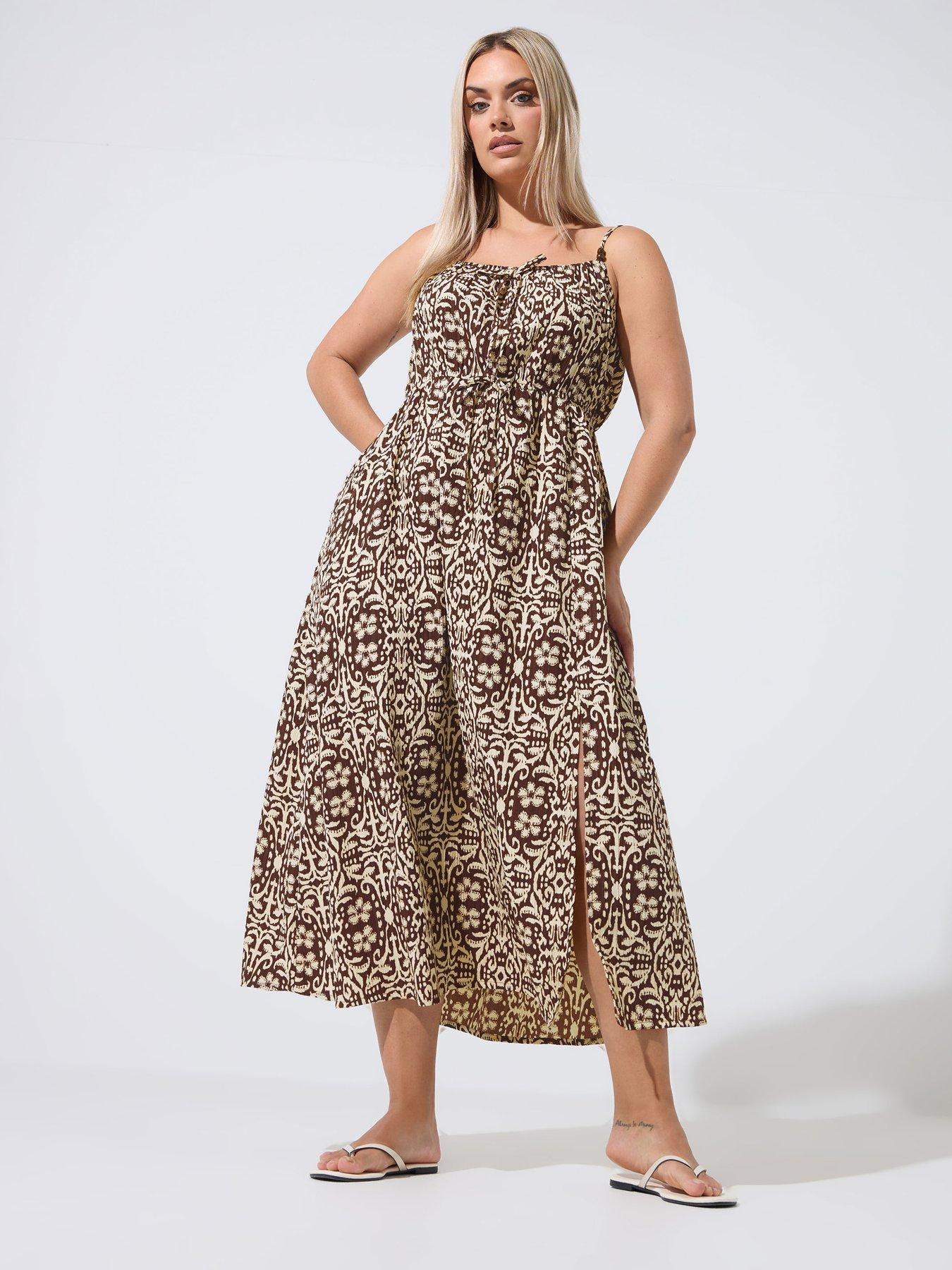 Yours Curve Abstract Animal Print Tie Strap Dress - Brown