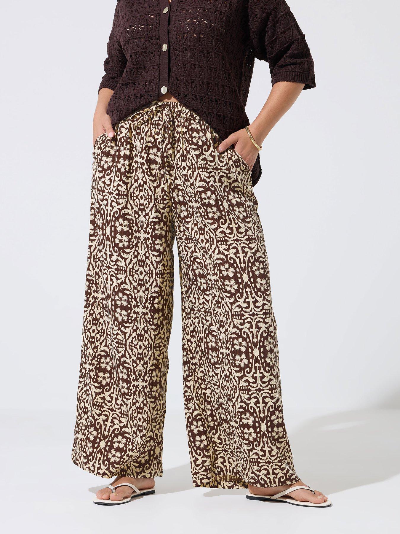 Yours Curve Abstract Animal Print Wide Leg Trouser - Brown