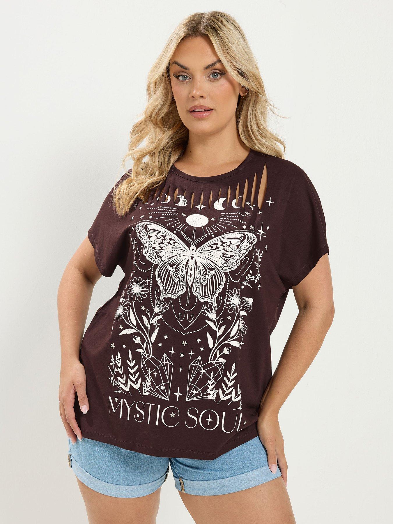 Image 1 of 4 of Yours Curve Placement Print Laser Cut T-Shirt - Brown