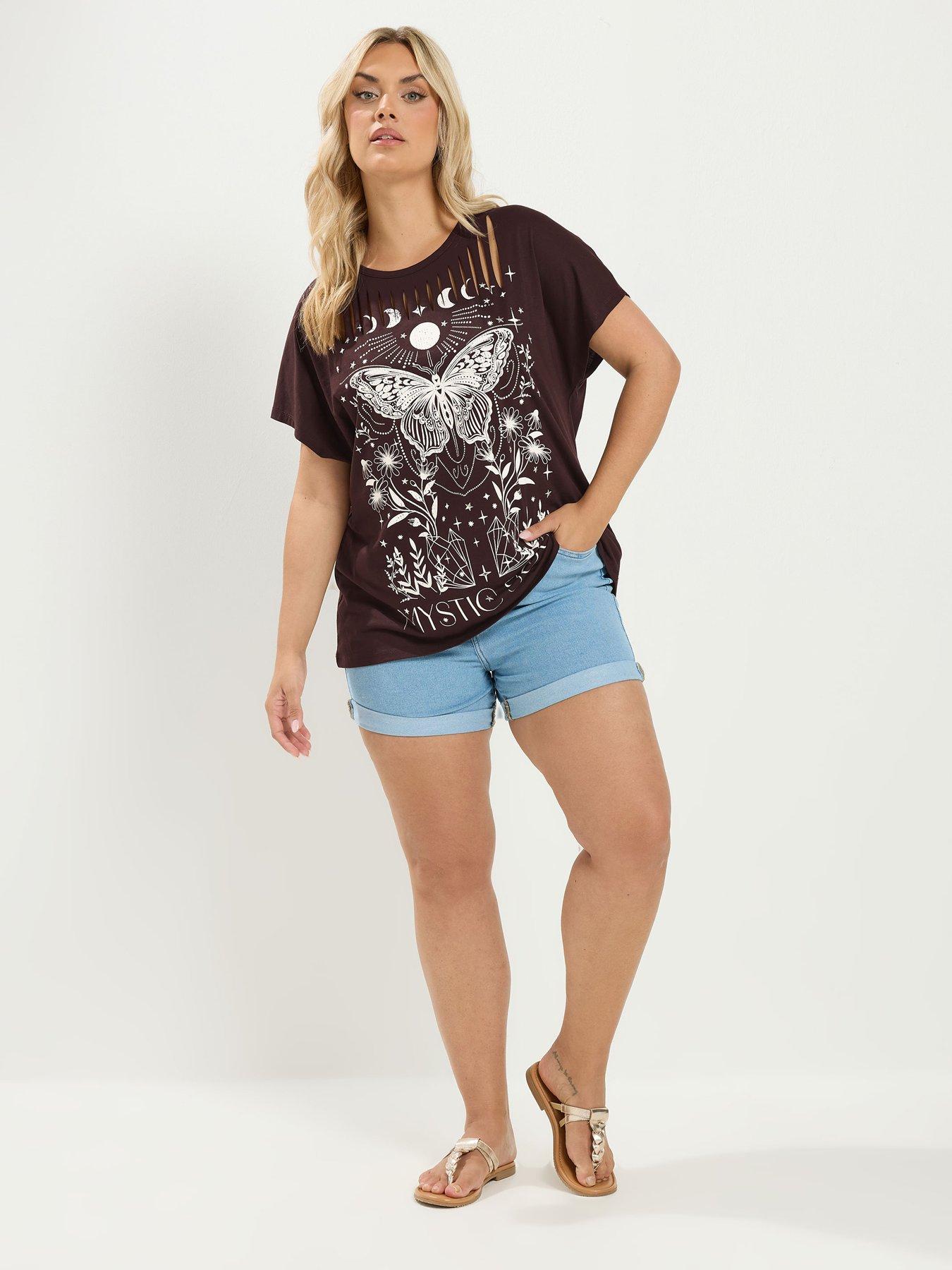 Image 3 of 4 of Yours Curve Placement Print Laser Cut T-Shirt - Brown