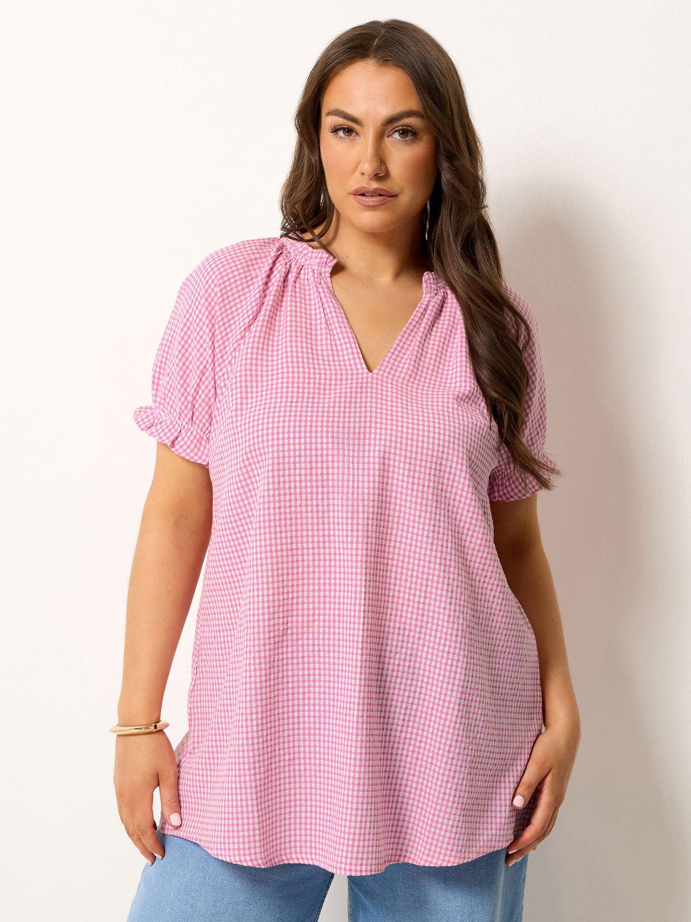 Image 1 of 4 of Yours Curve Gingham Notch Neck Blouse - Pink
