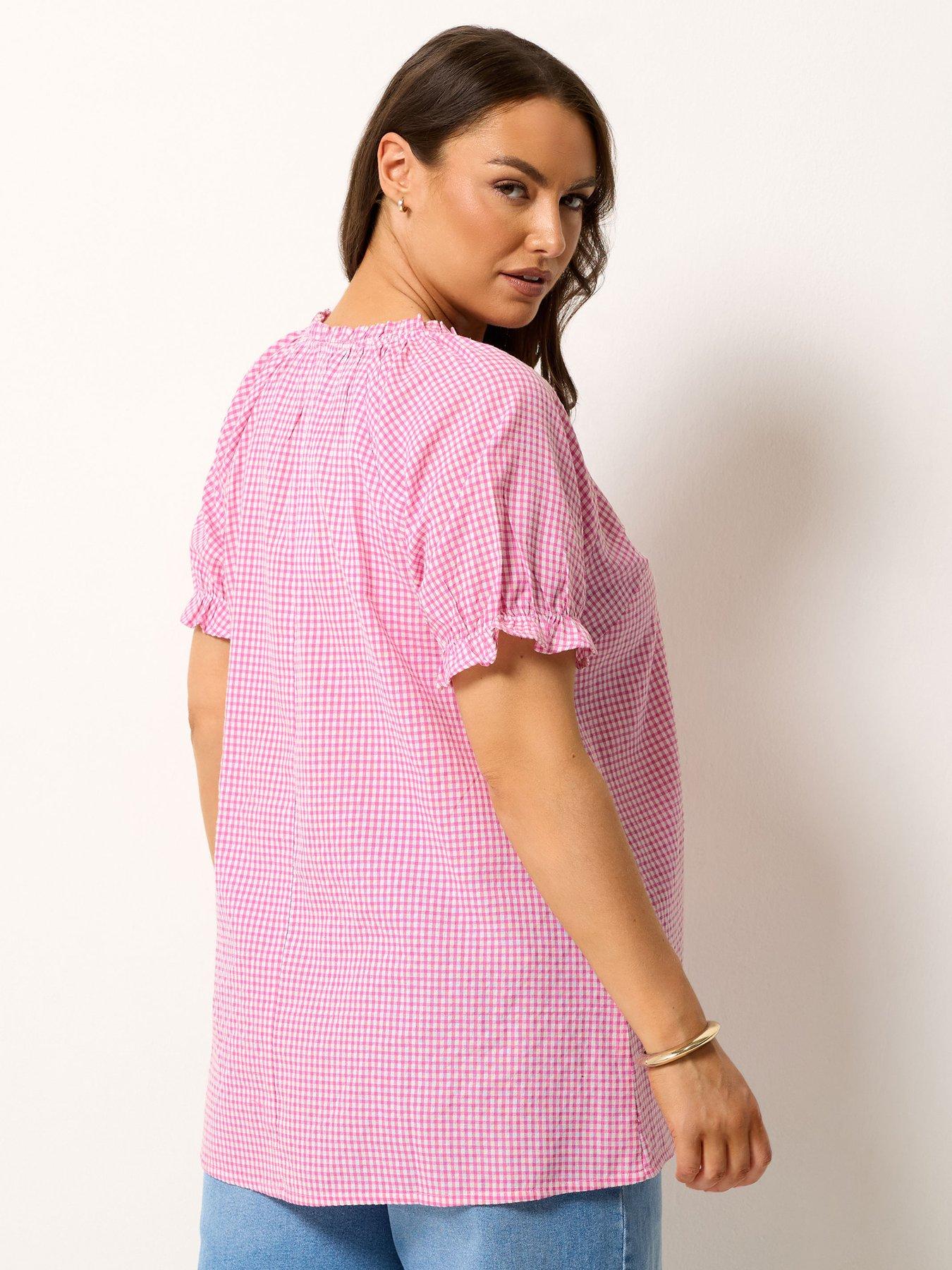 Image 2 of 4 of Yours Curve Gingham Notch Neck Blouse - Pink