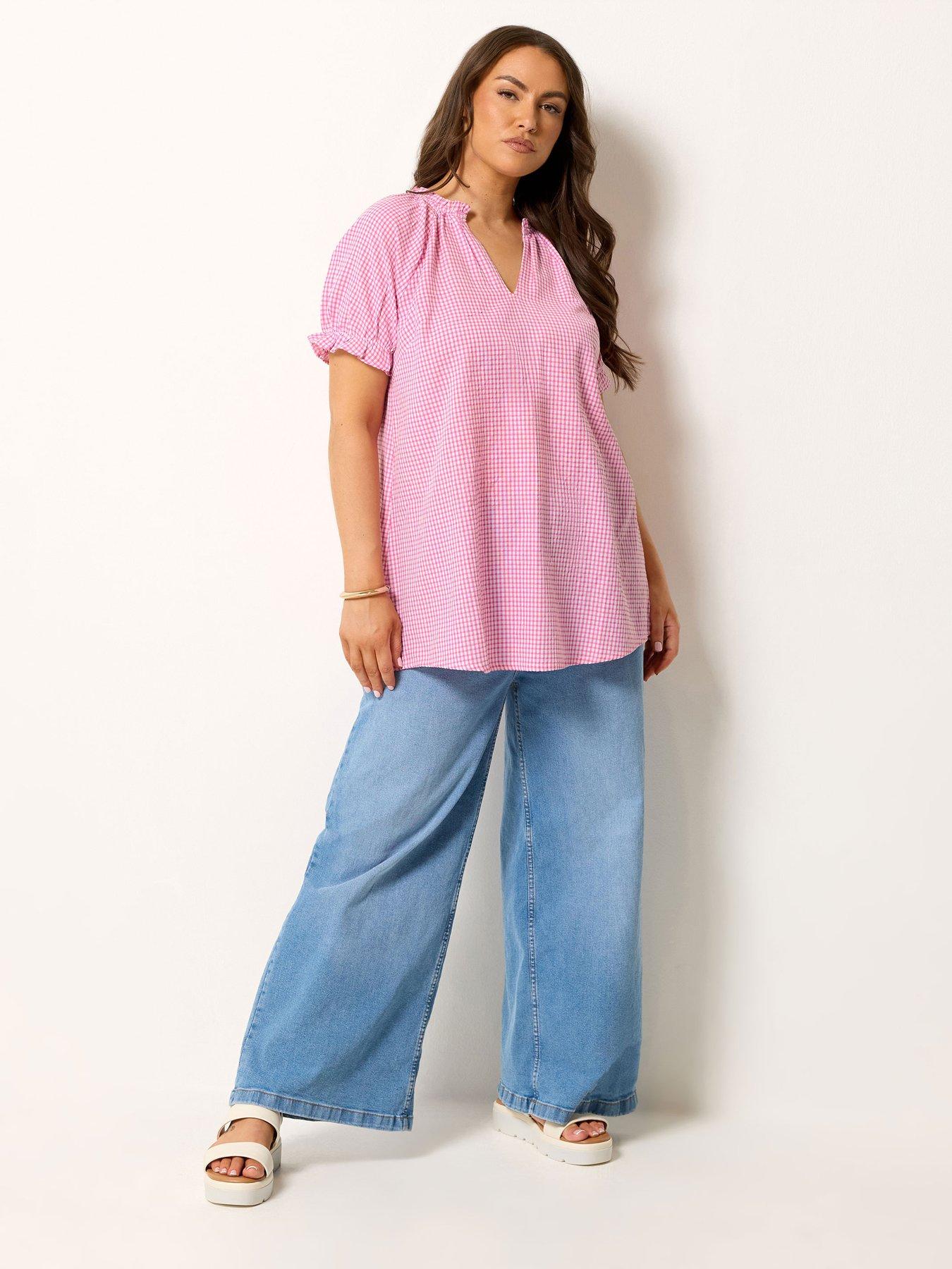 Image 3 of 4 of Yours Curve Gingham Notch Neck Blouse - Pink