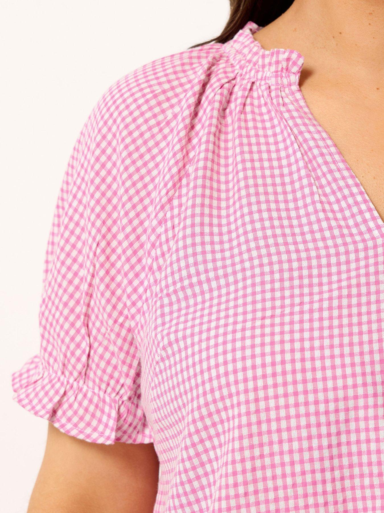 Image 4 of 4 of Yours Curve Gingham Notch Neck Blouse - Pink
