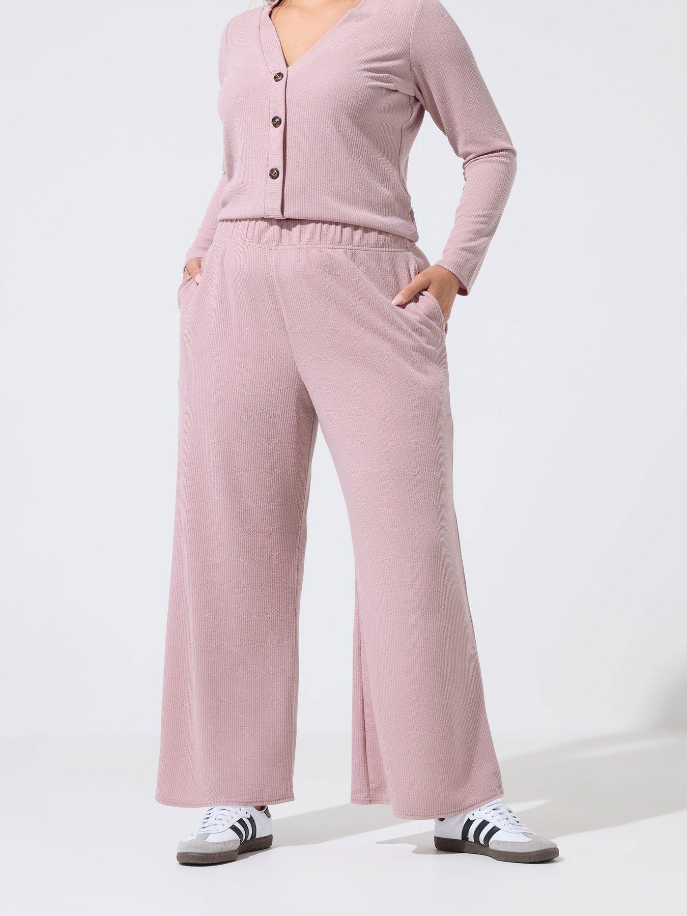 Image 1 of 4 of Yours Curve Crinkle Rib Wide Leg Trousers - Pink