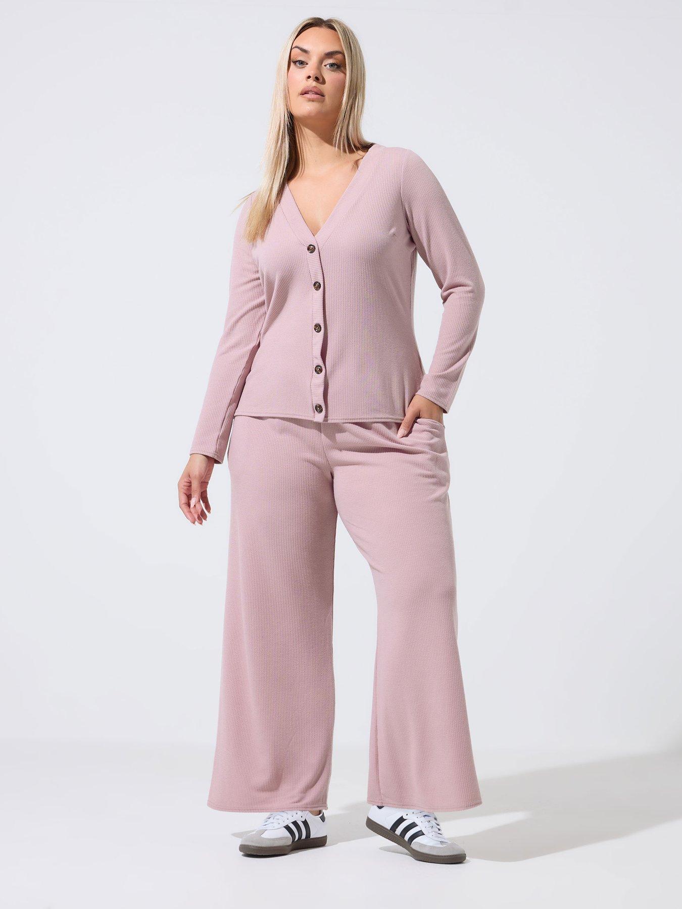 Image 3 of 4 of Yours Curve Crinkle Rib Wide Leg Trousers - Pink