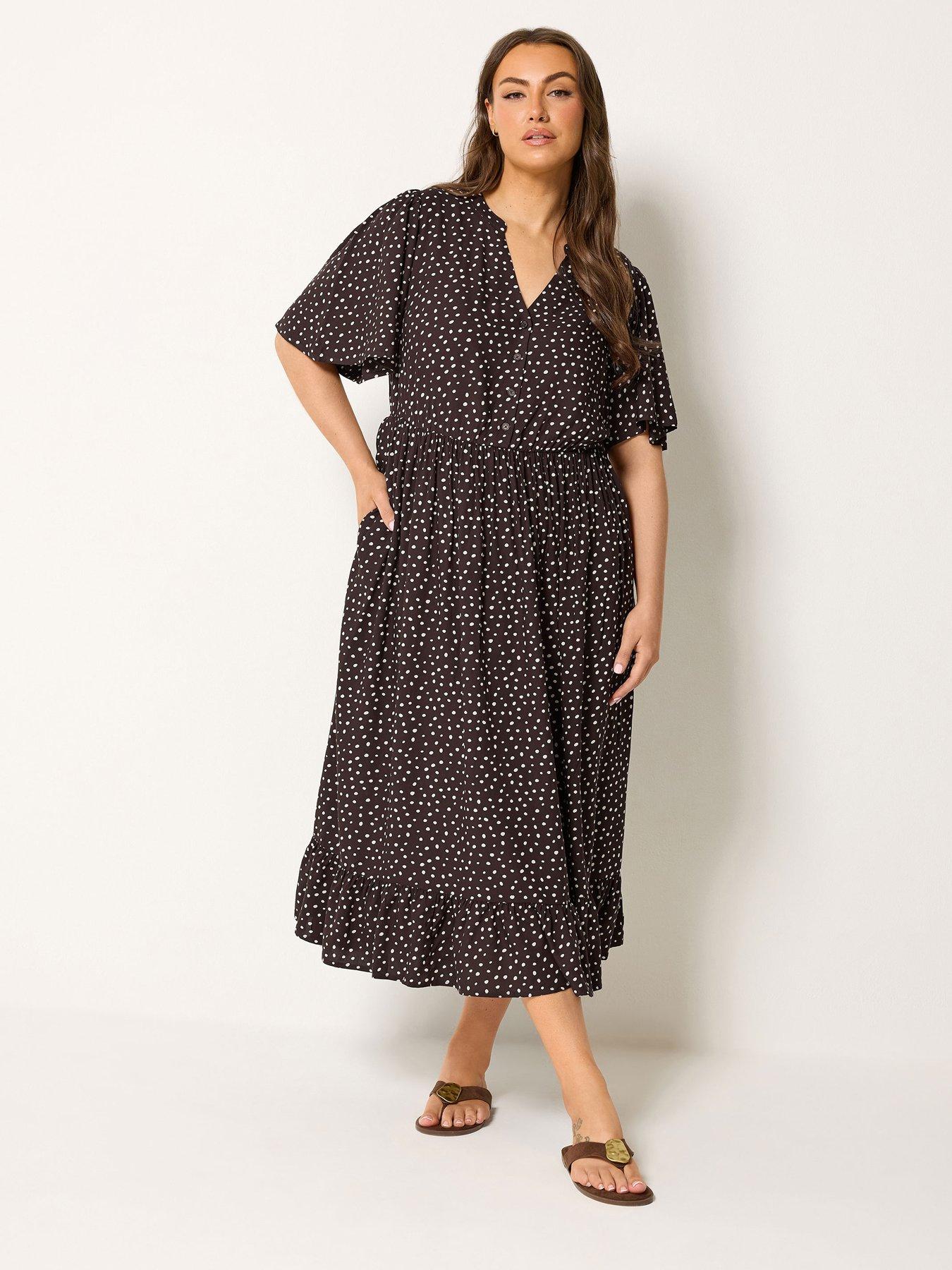 Yours Curve Spot Print Notch Neck Maxi Dress - Brown