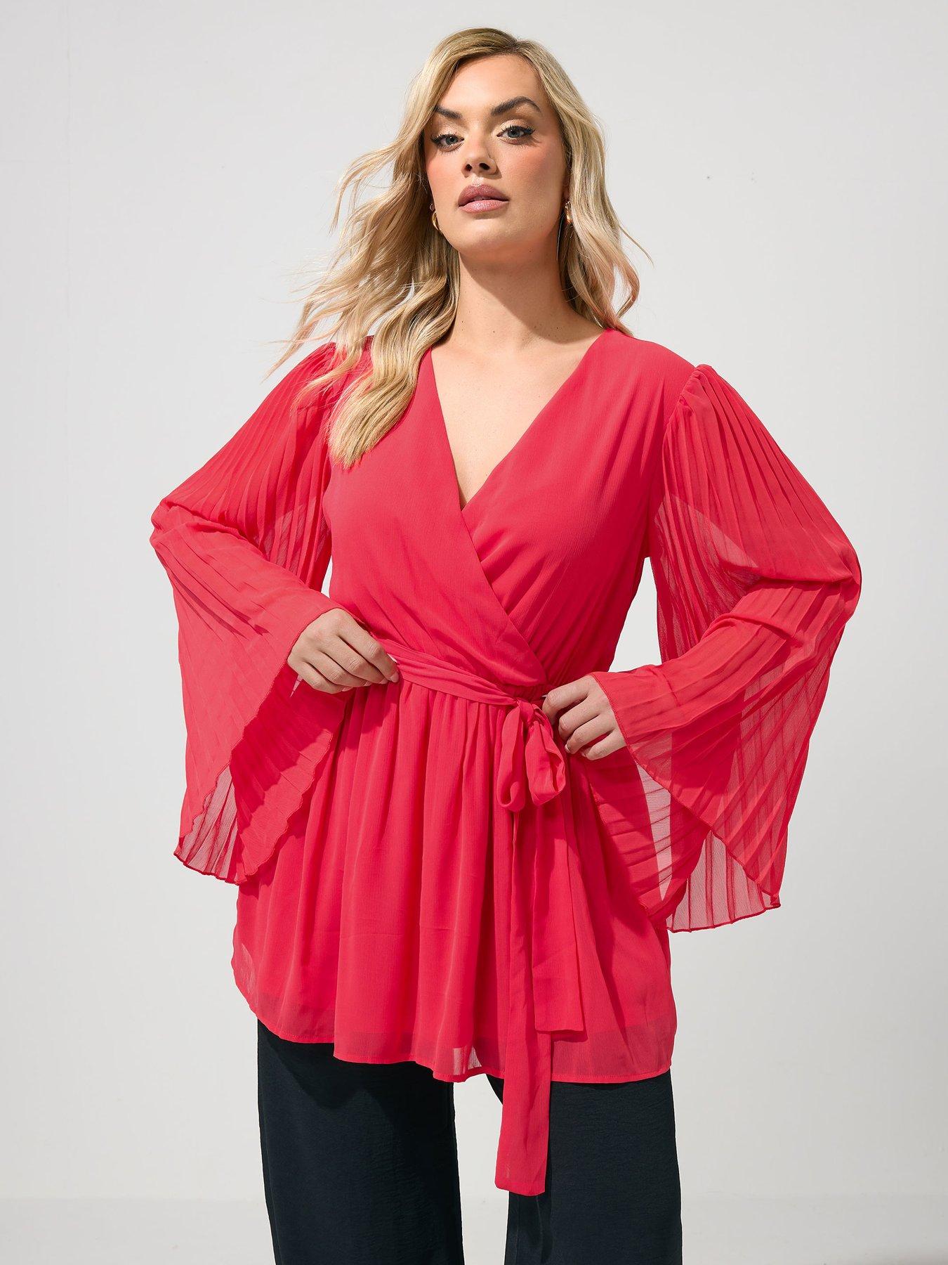 Image 1 of 4 of Yours Curve Pleat Sleeve Wrap Top - Red