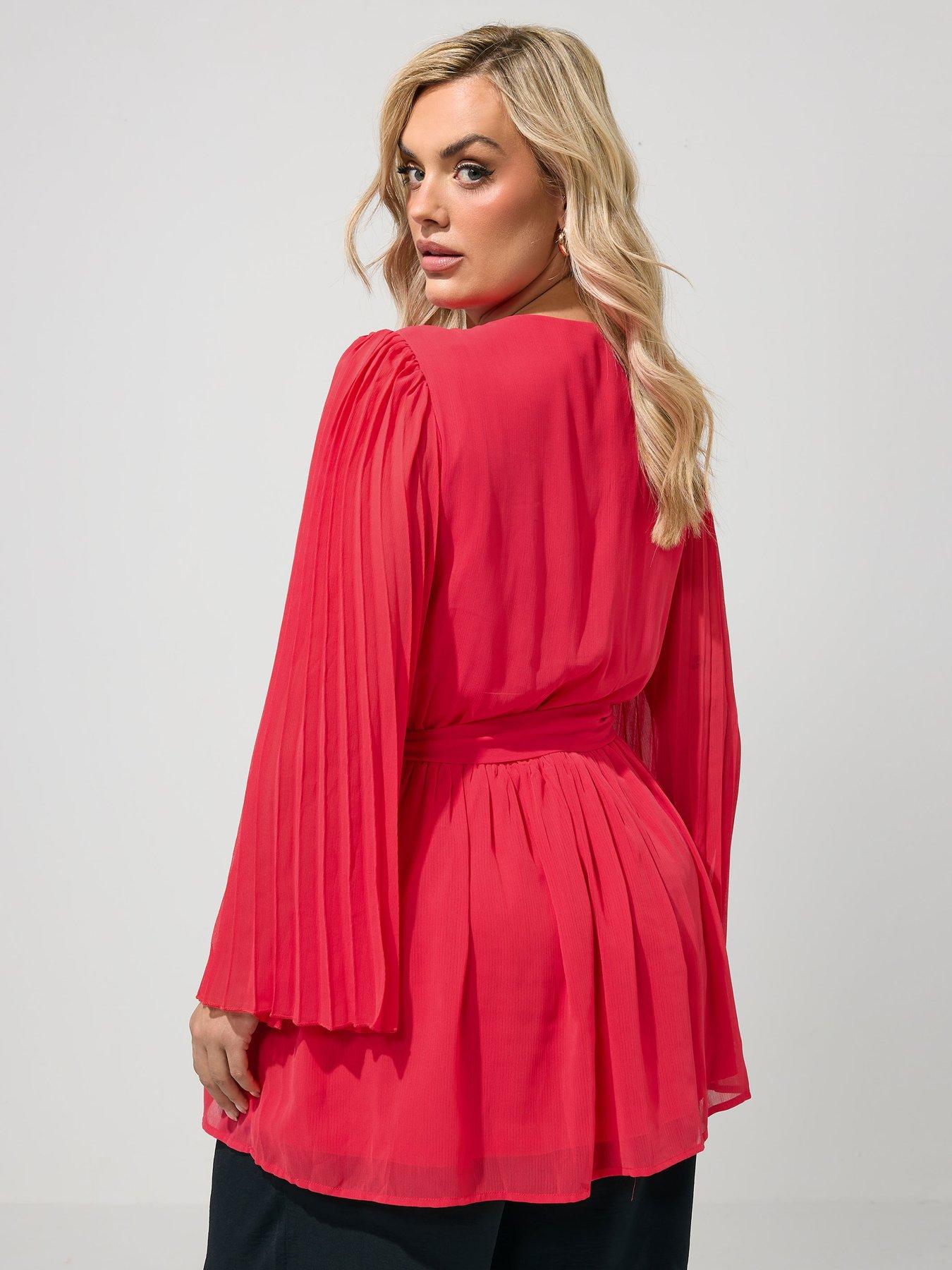 Image 2 of 4 of Yours Curve Pleat Sleeve Wrap Top - Red