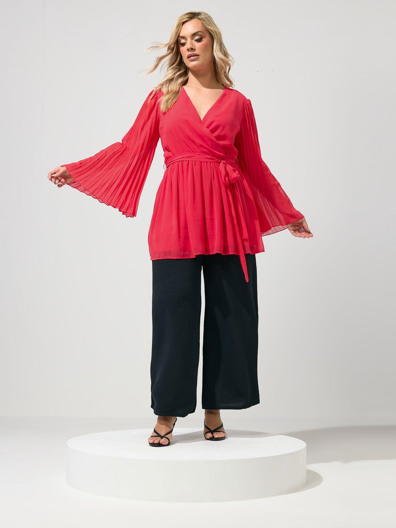 Image 3 of 4 of Yours Curve Pleat Sleeve Wrap Top - Red