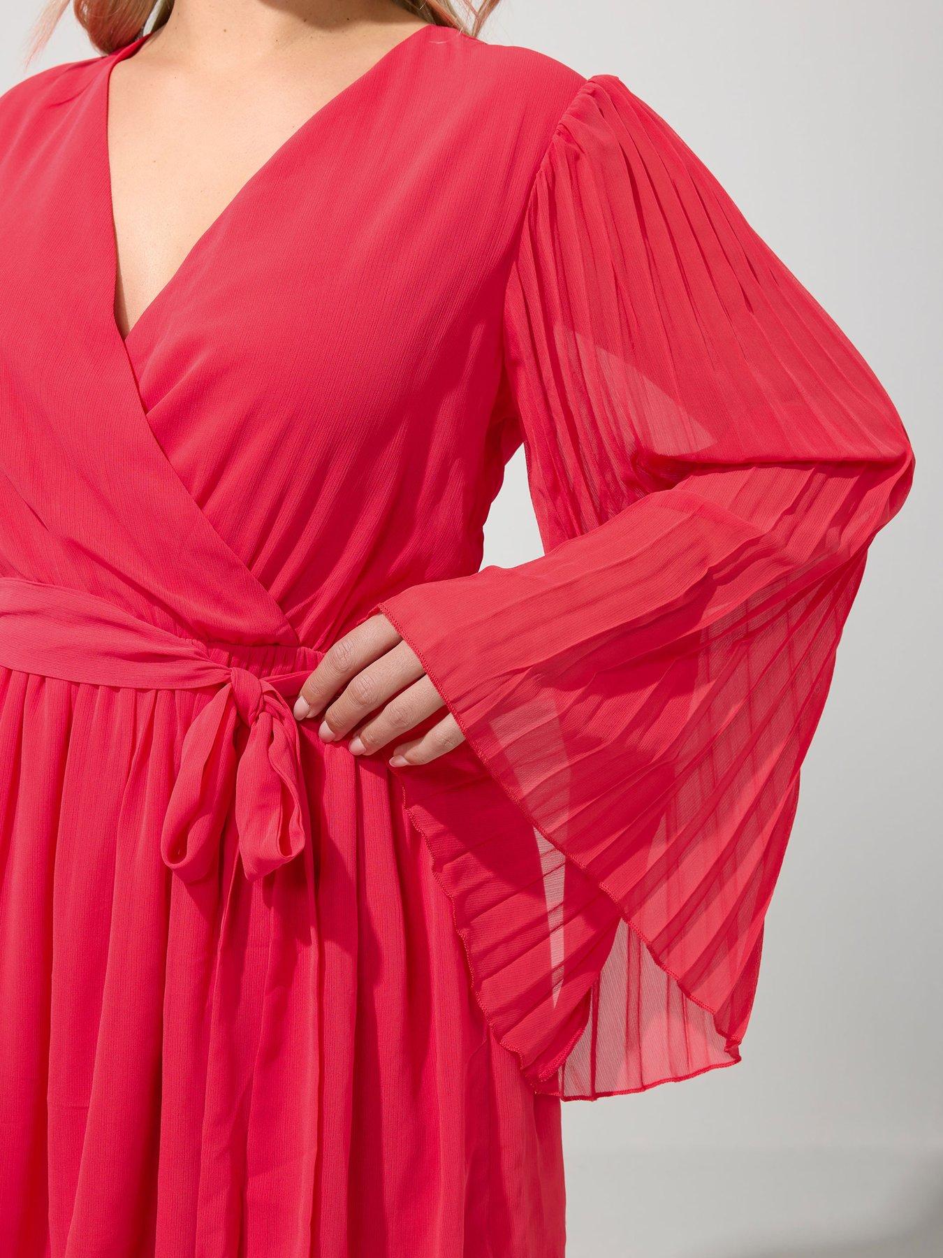 Image 4 of 4 of Yours Curve Pleat Sleeve Wrap Top - Red