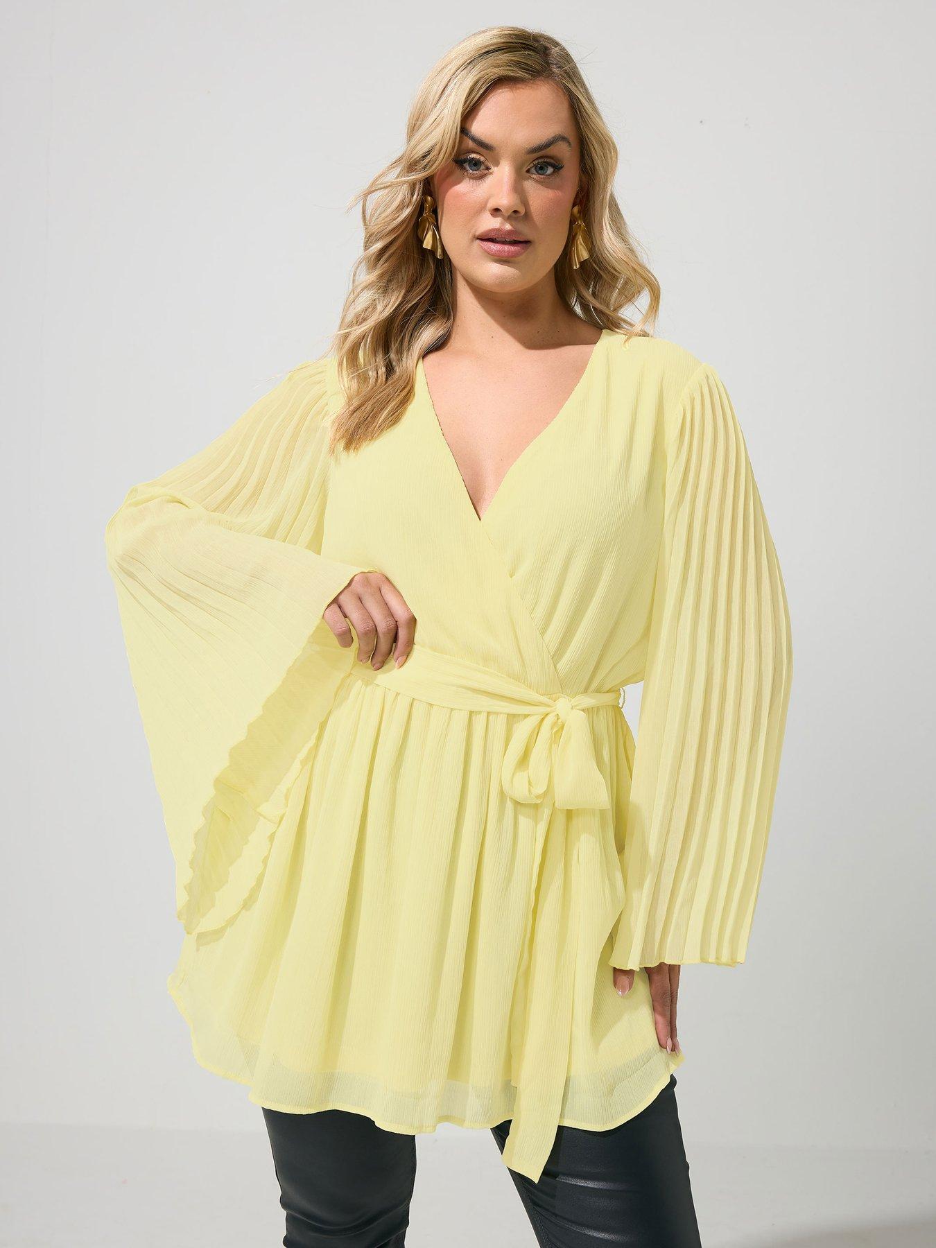 Yours Curve Pleat Sleeve Wrap Top - Yellow
