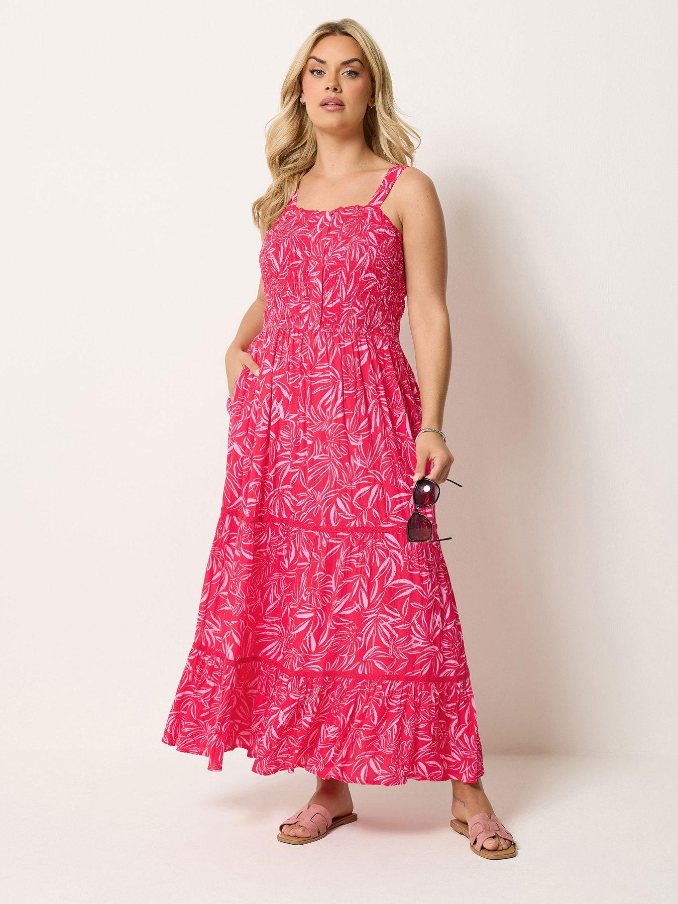 Yours Curve Leaf Print Tiered Maxi Dress - Red