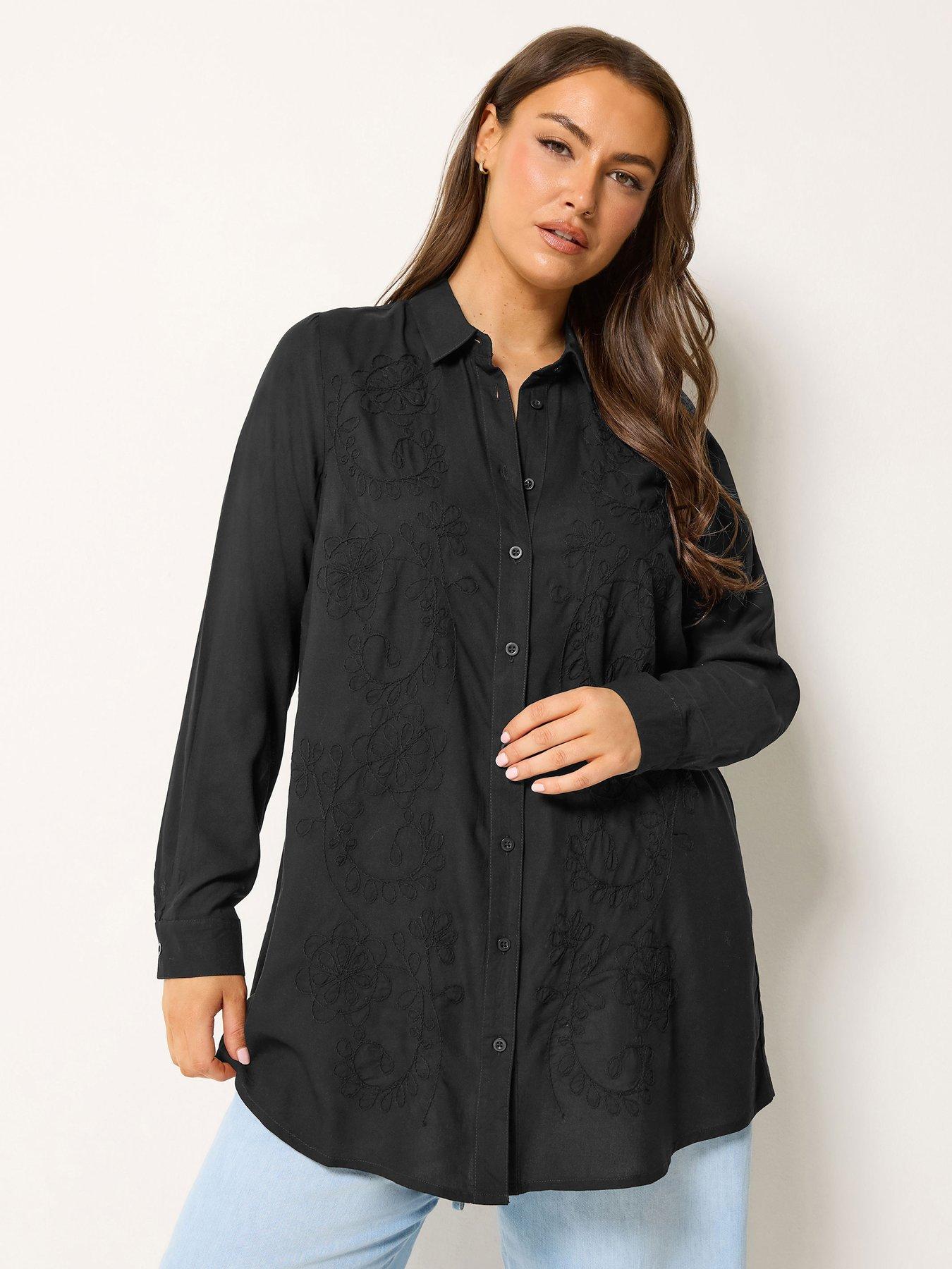 Yours Curve Floral Embroidery Shirt - Black