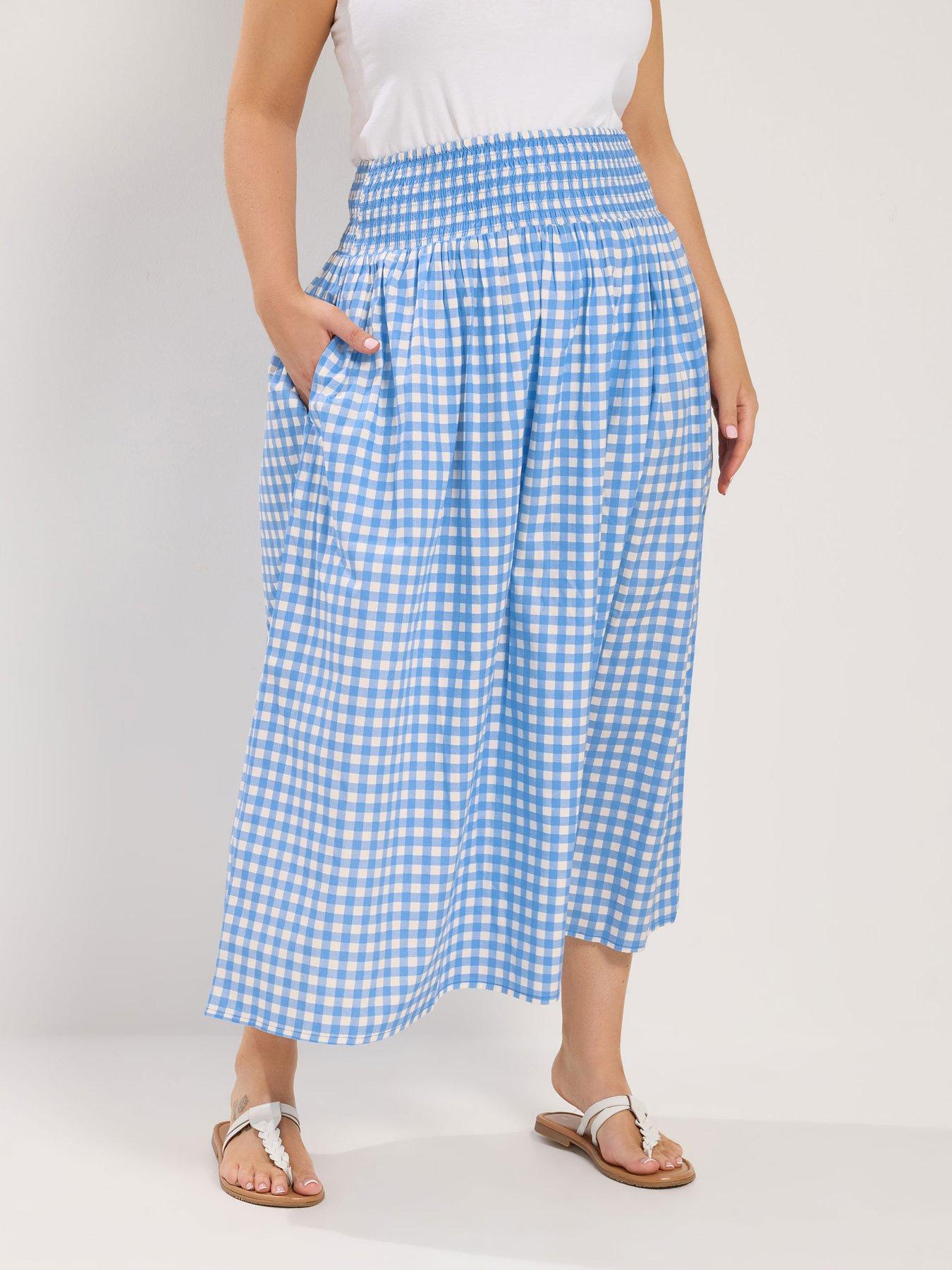 Yours Curve Gingaham Skirt - Blue