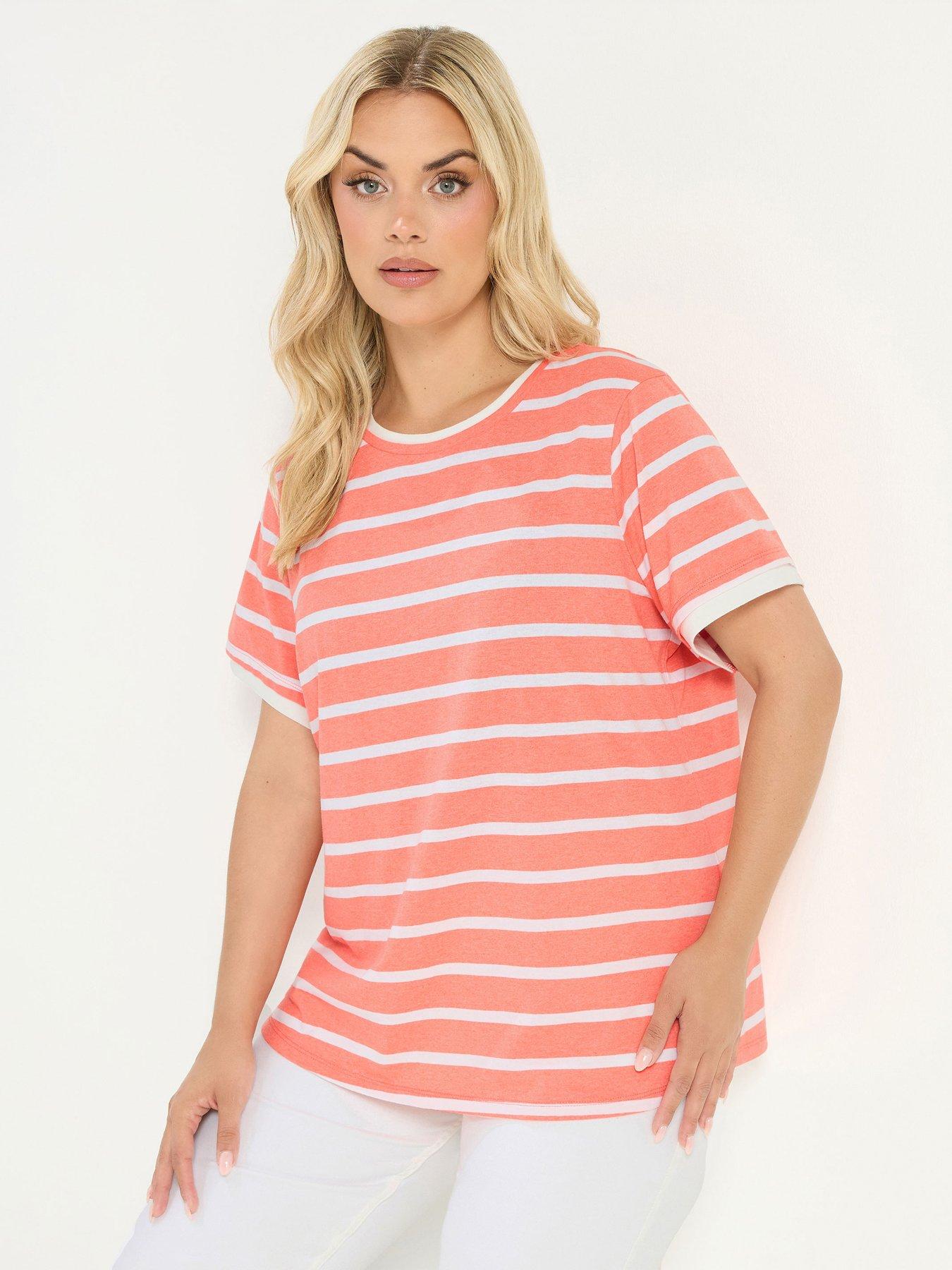 Yours Curve Stripe Contrast Ringer T-Shirt - Orange