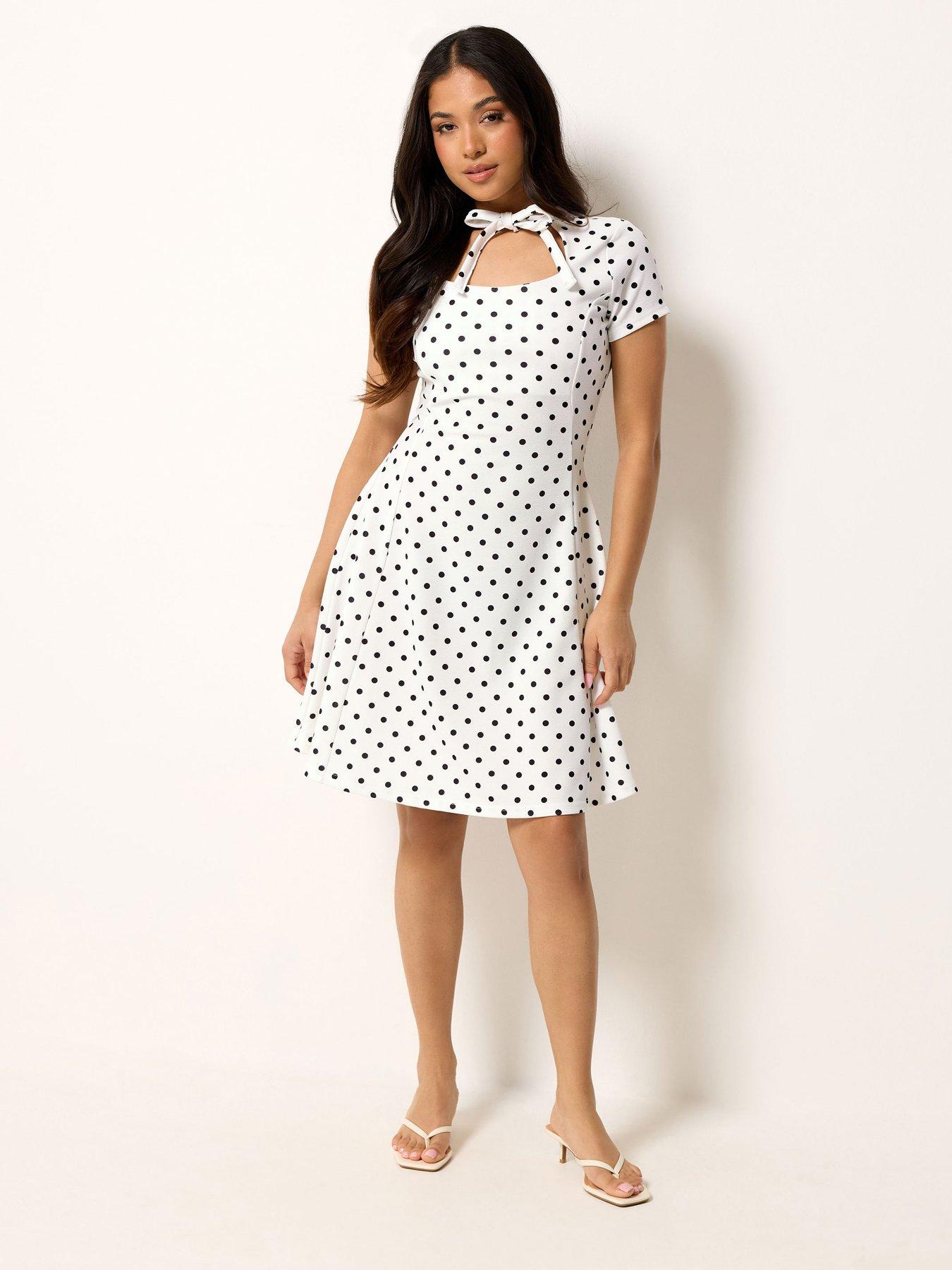 Image 3 of 4 of PixieGirl Petite Polka Dot Tie Front Mini Dress - White