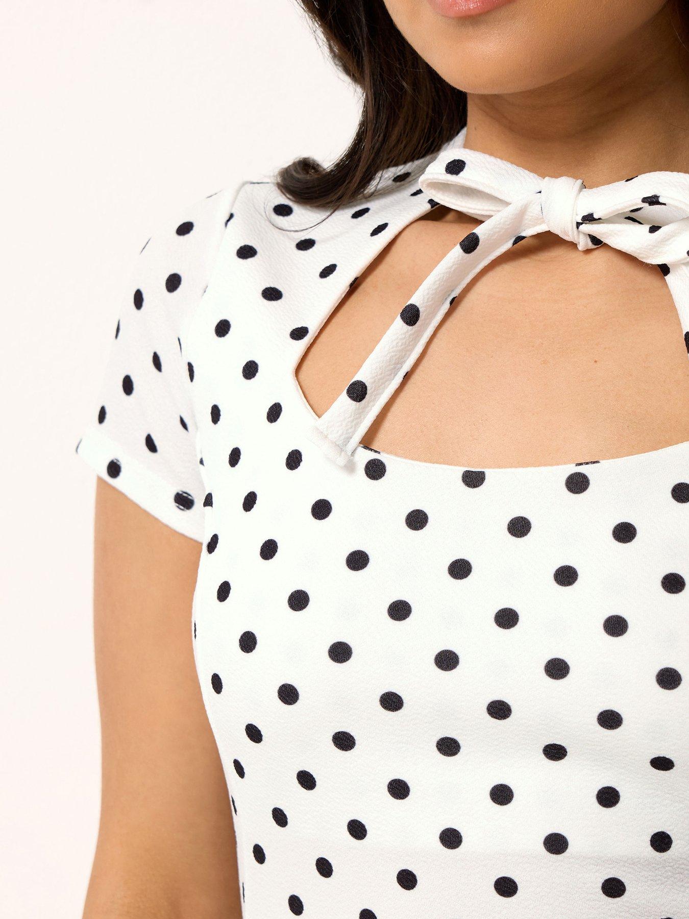 Image 4 of 4 of PixieGirl Petite Polka Dot Tie Front Mini Dress - White