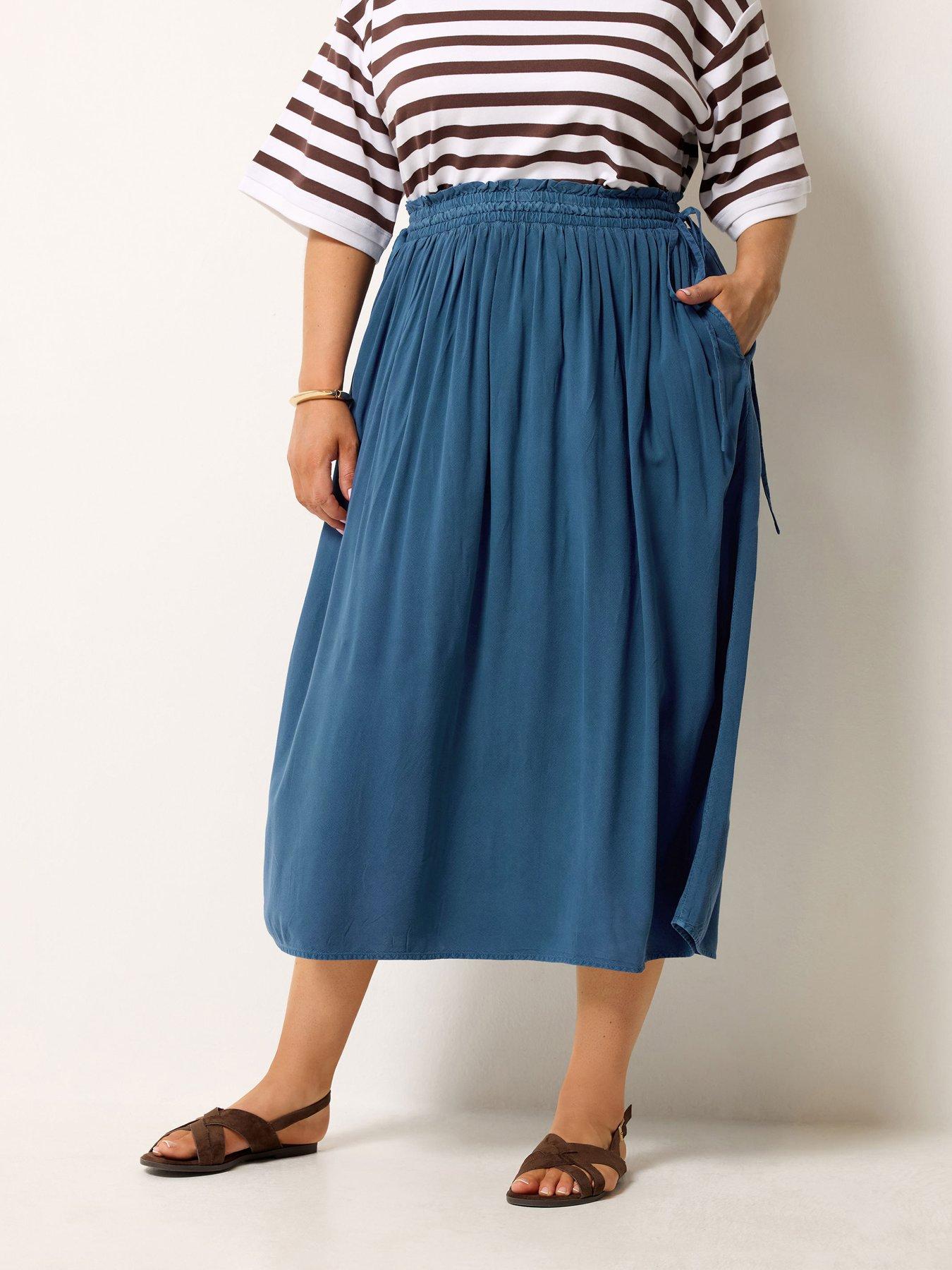 Yours Curve Chambray Midi Skirt - Blue