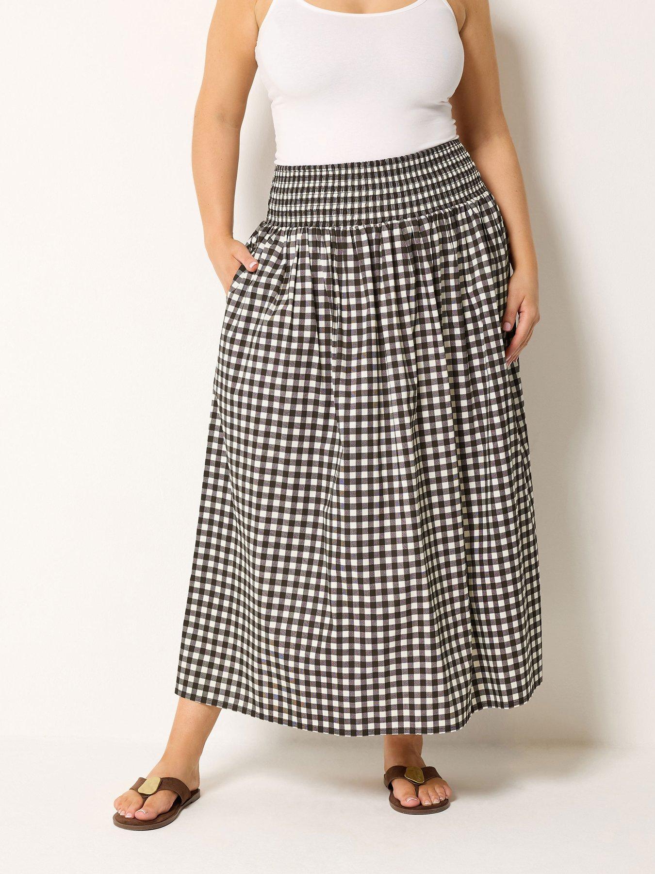 Yours Curve Chocolate Gingaham Maxi Skirt - Brown