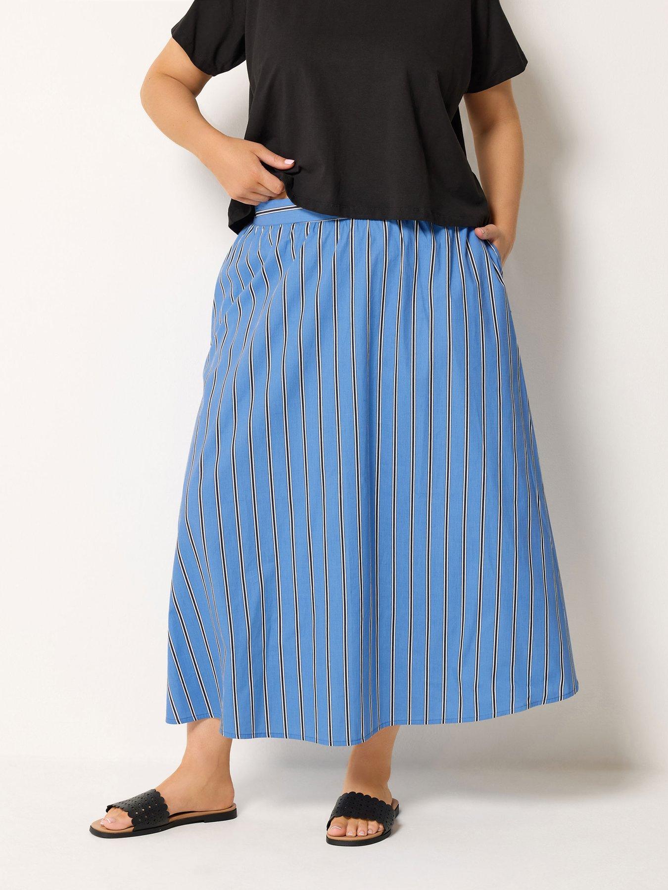 Yours Curve Stripe Midi Skirt - Blue