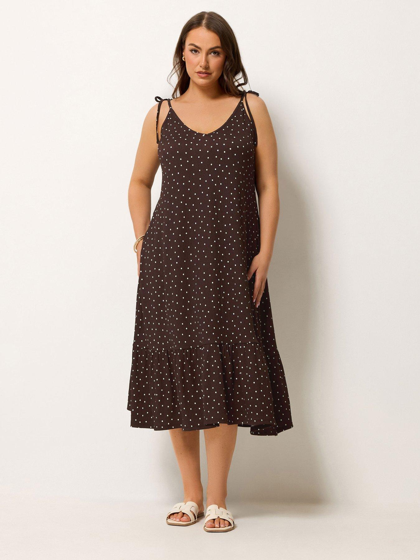 Yours Curve Polka Dot Tie Sundress - Brown