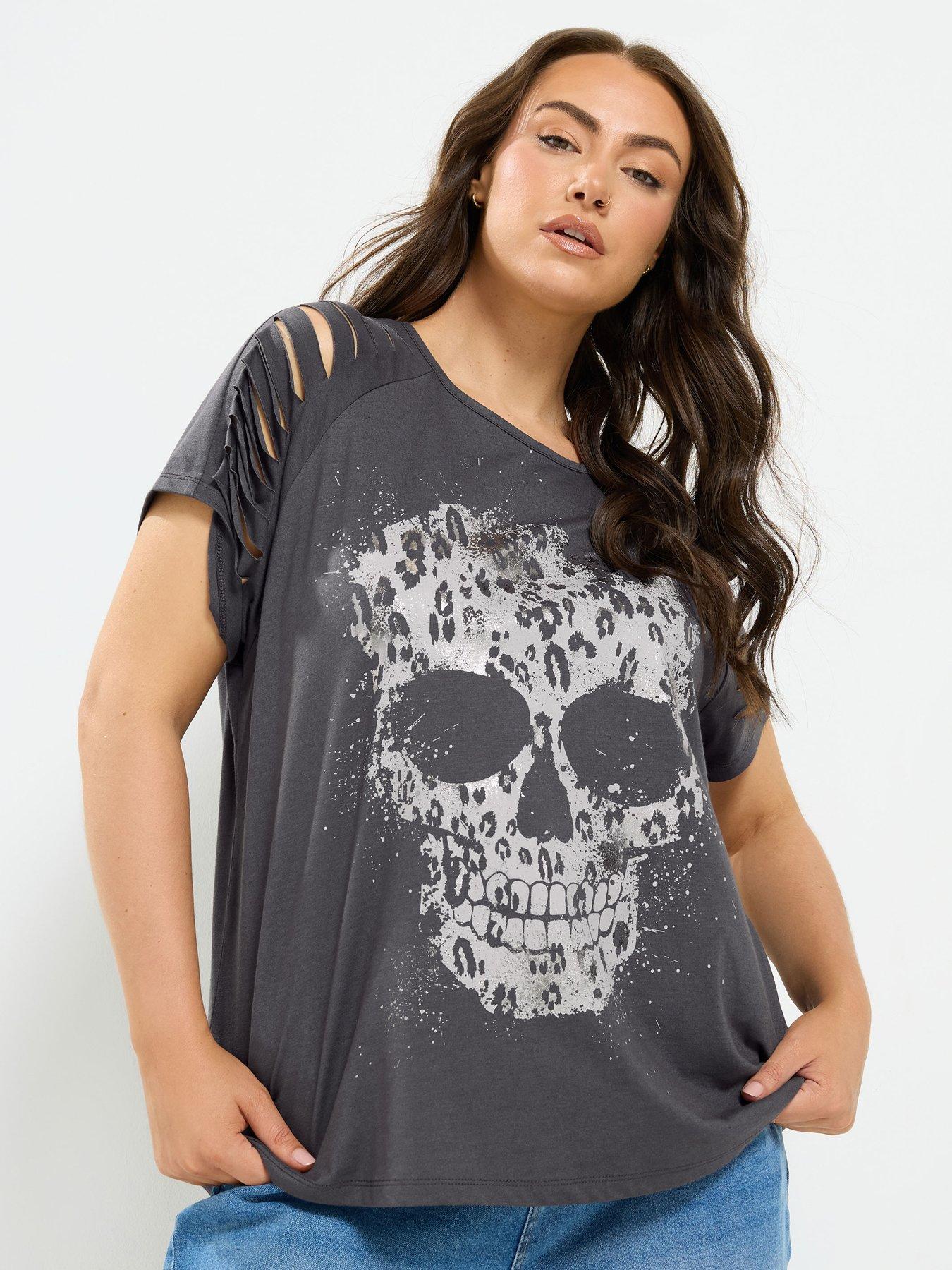 Yours Curve Skull Print Laser Cut T-Shirt - Grey