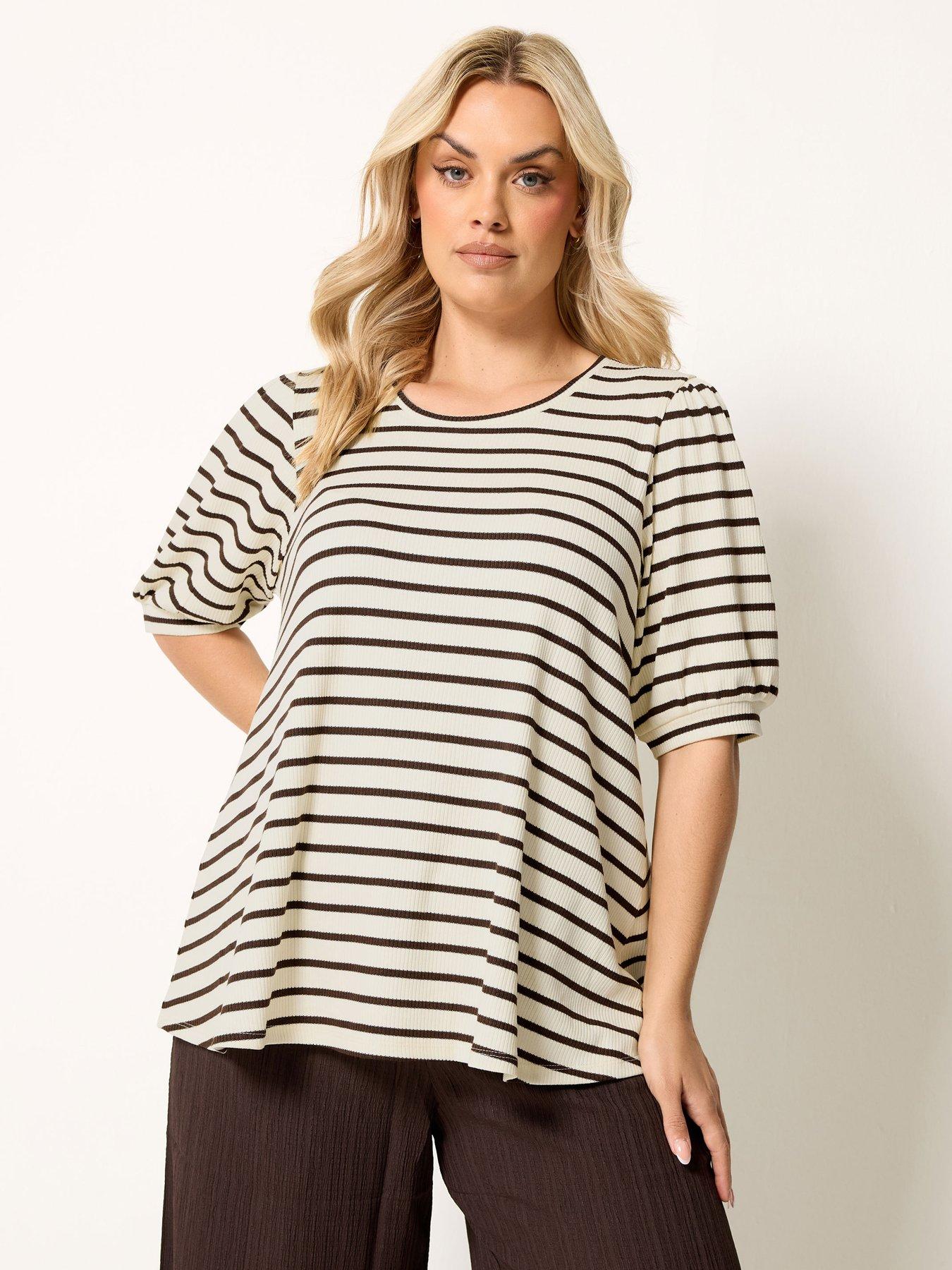 Yours Curve Stripe Puff Sleeve Top - Brown