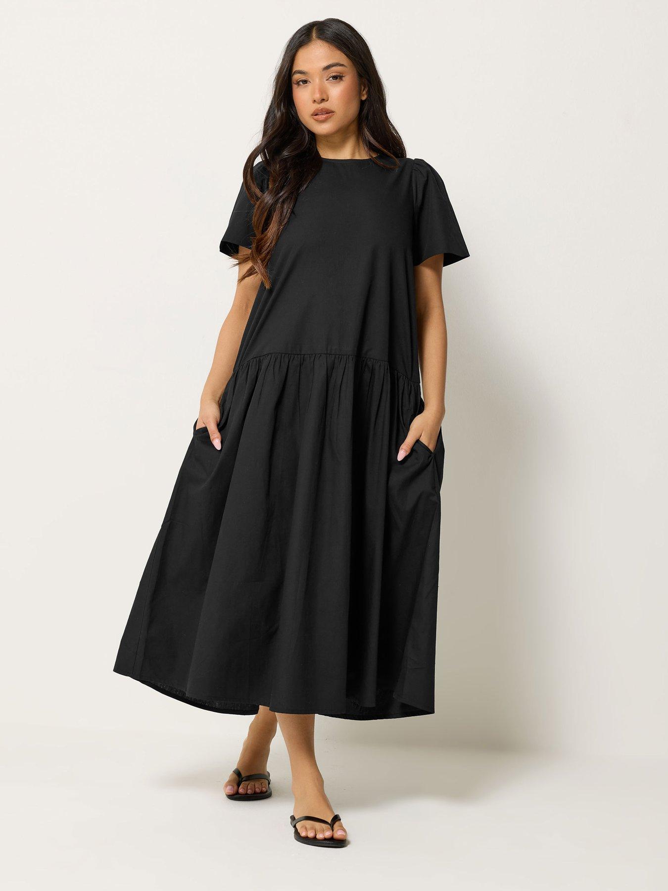 PixieGirl Petite Poplin Volume Maxi Dress - Black