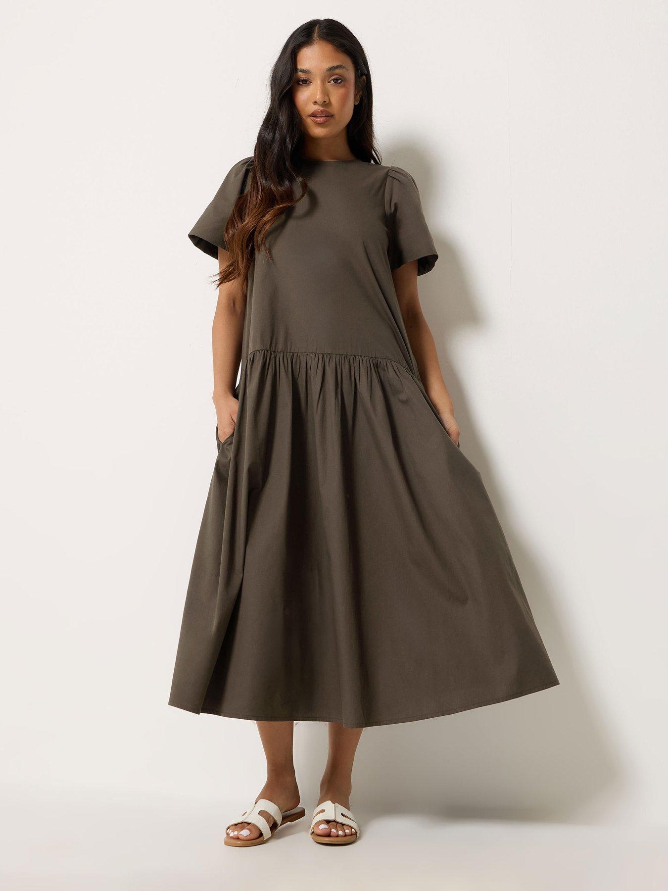 PixieGirl Petite Poplin Volume Maxi Dress - Brown