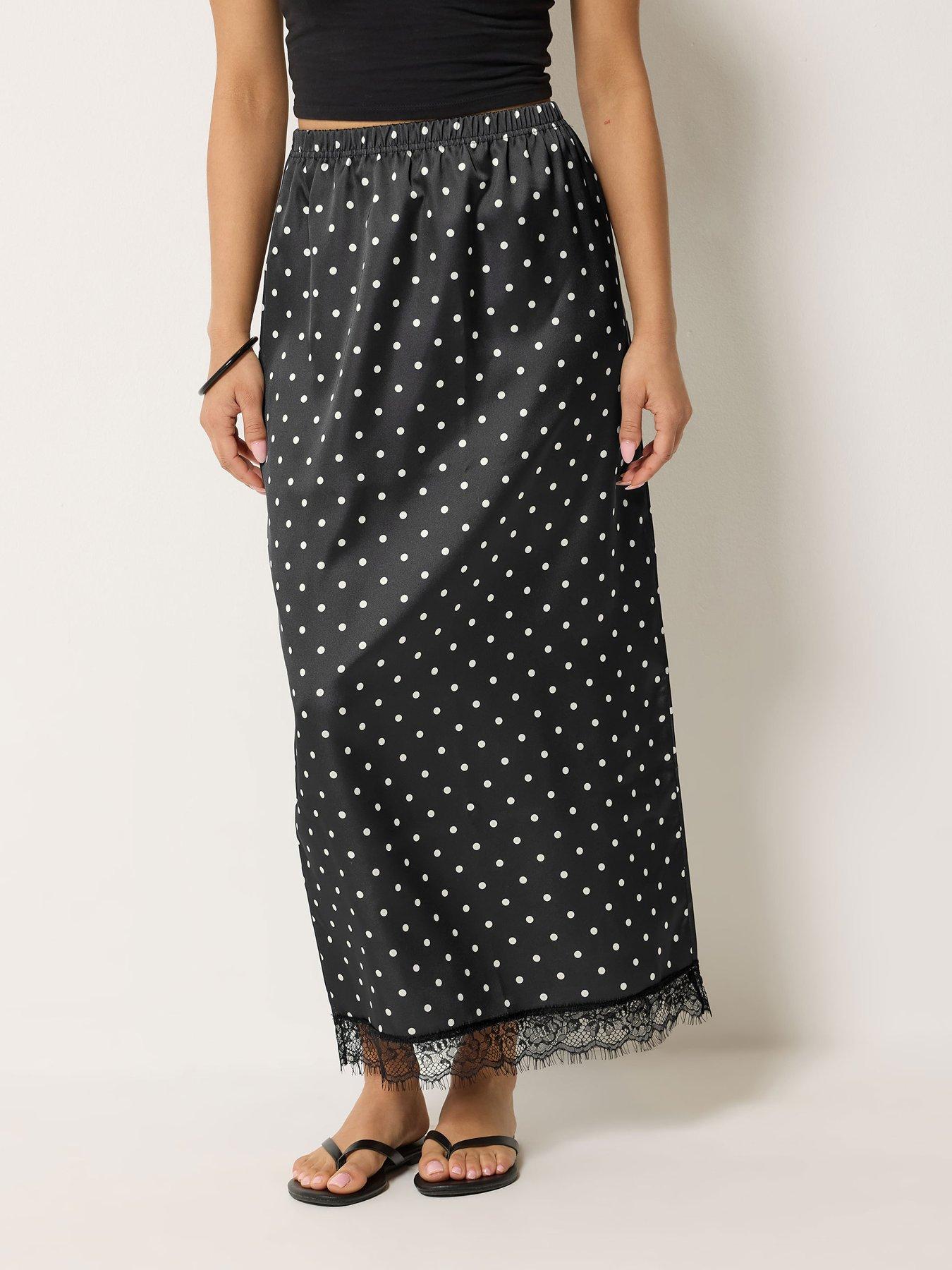 PixieGirl Petite Satin Spot Lace Hem Skirt - Black