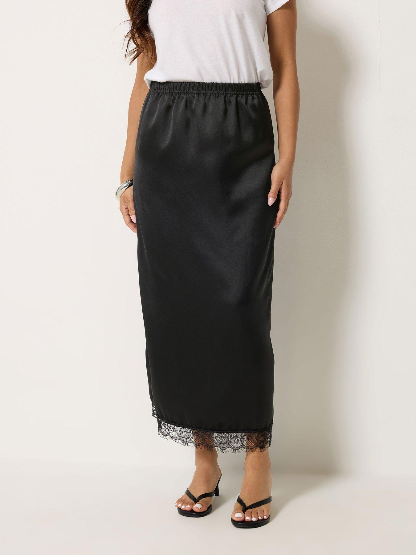 PixieGirl Petite Satin Lace Hem Maxi Skirt - Black