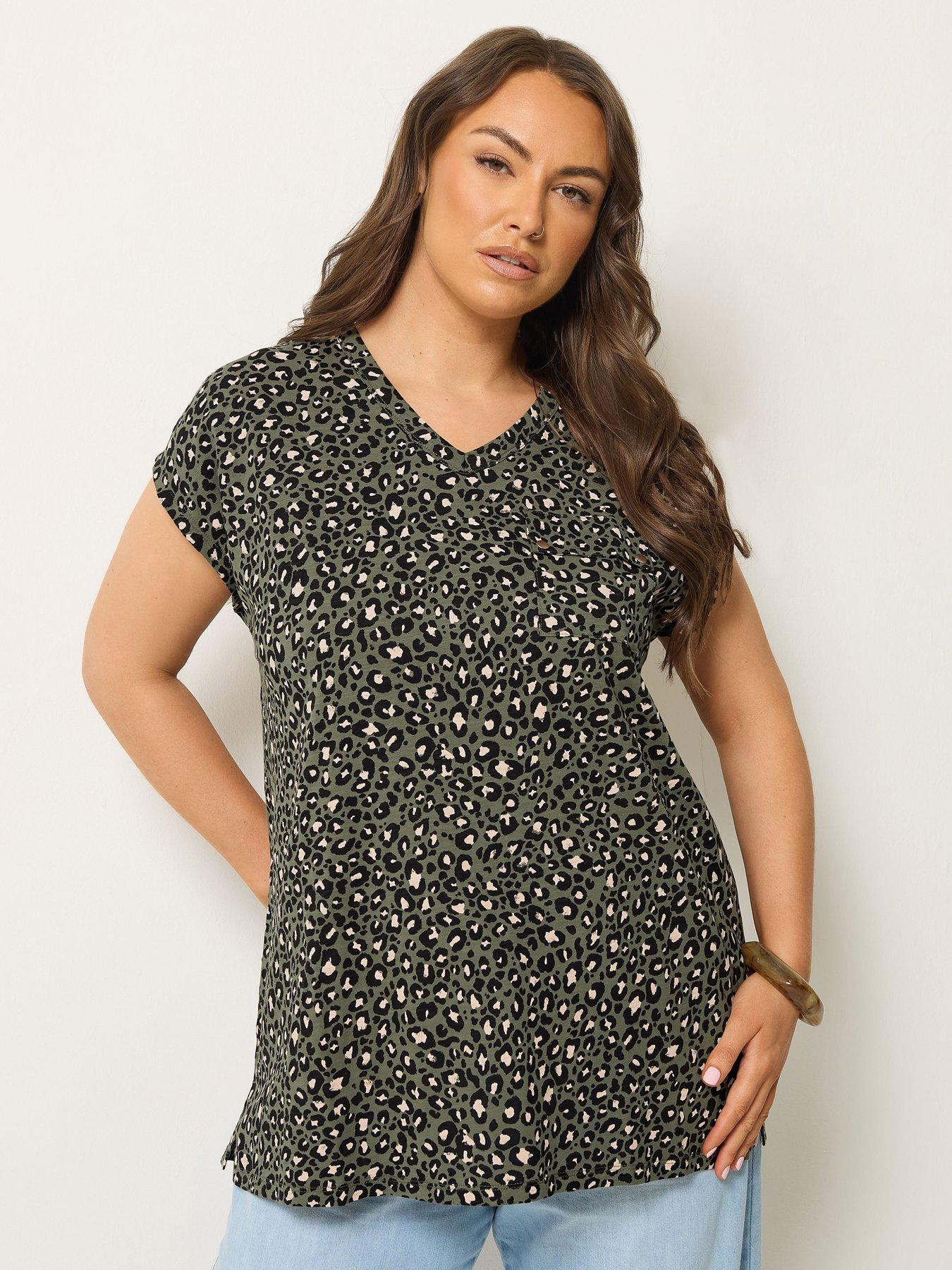 Yours Curve Stud Leopard Print T-Shirt - Green