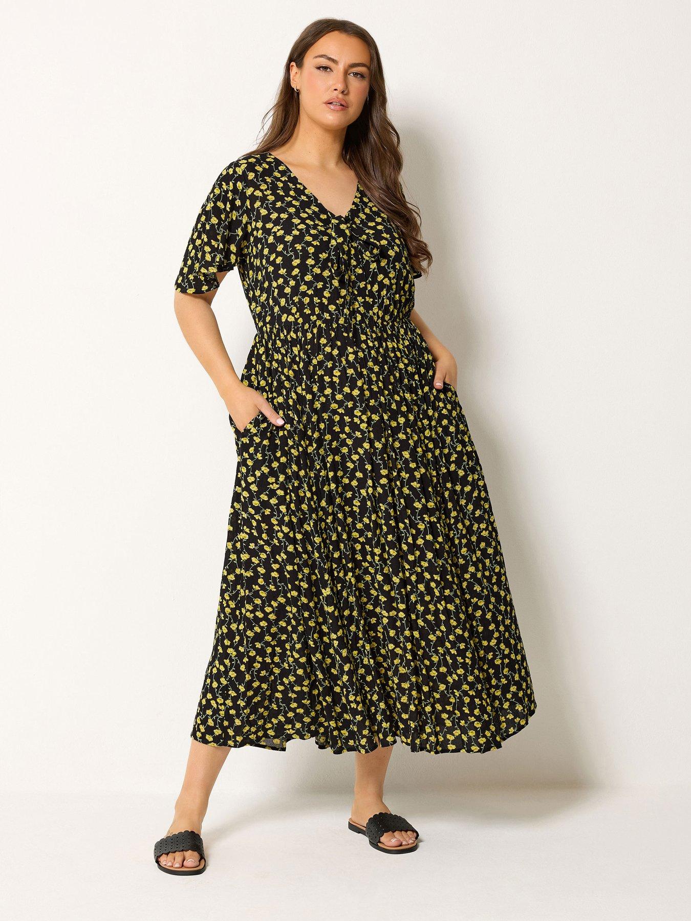 Yours Curve Ditsy Print Smock Crinkle Maxi Dress - Black
