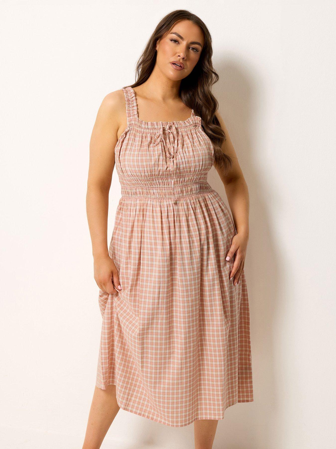 Yours Curve Gingham Milkmaid Dress - Pink