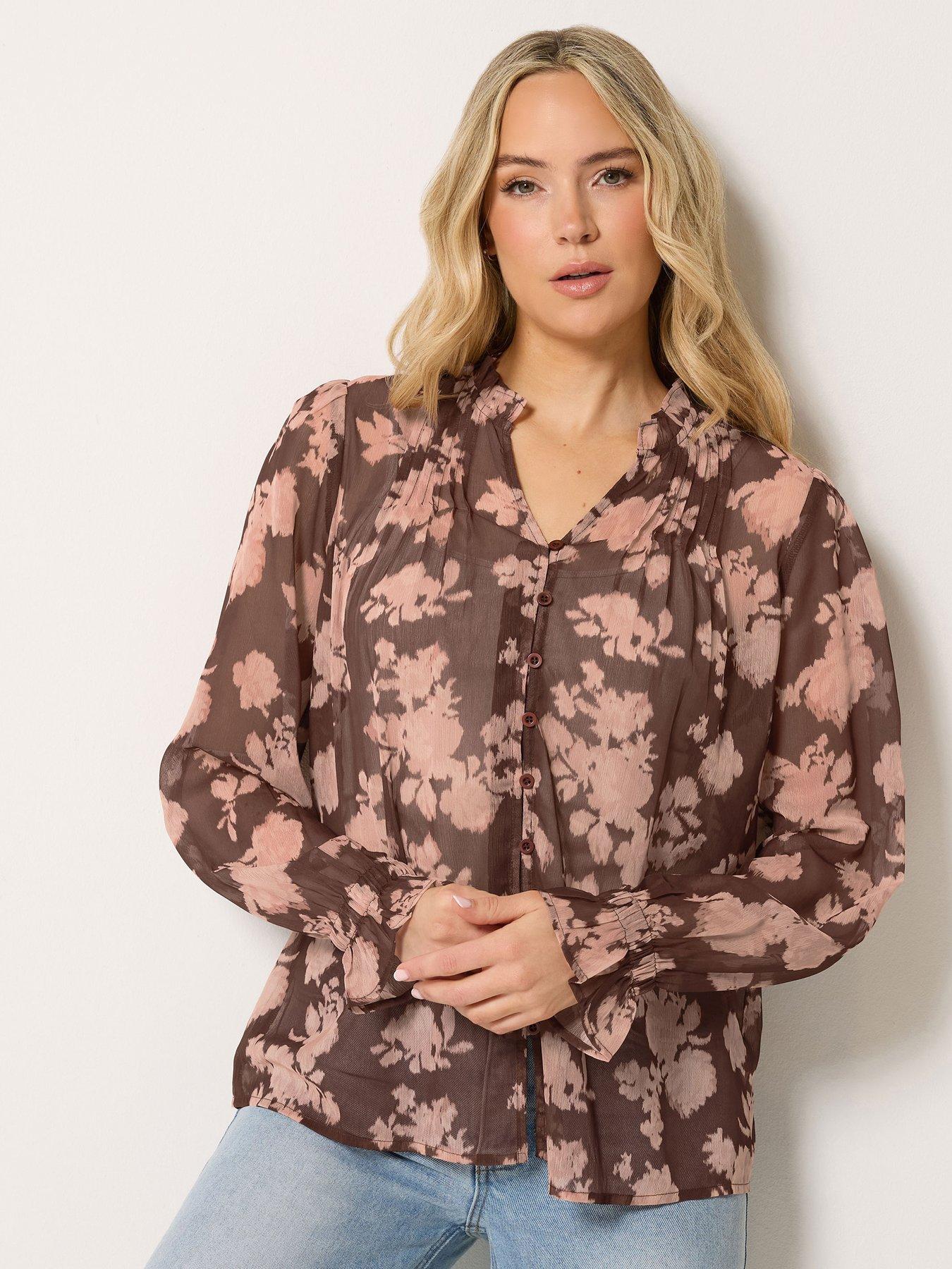 Long Tall Sally Floral Sheer Pintuck Blouse - Brown