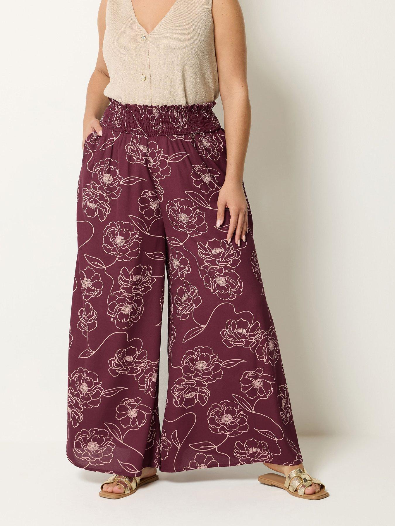 Yours Curve Floral Shirred Wide Leg Trousers 30" - Purple