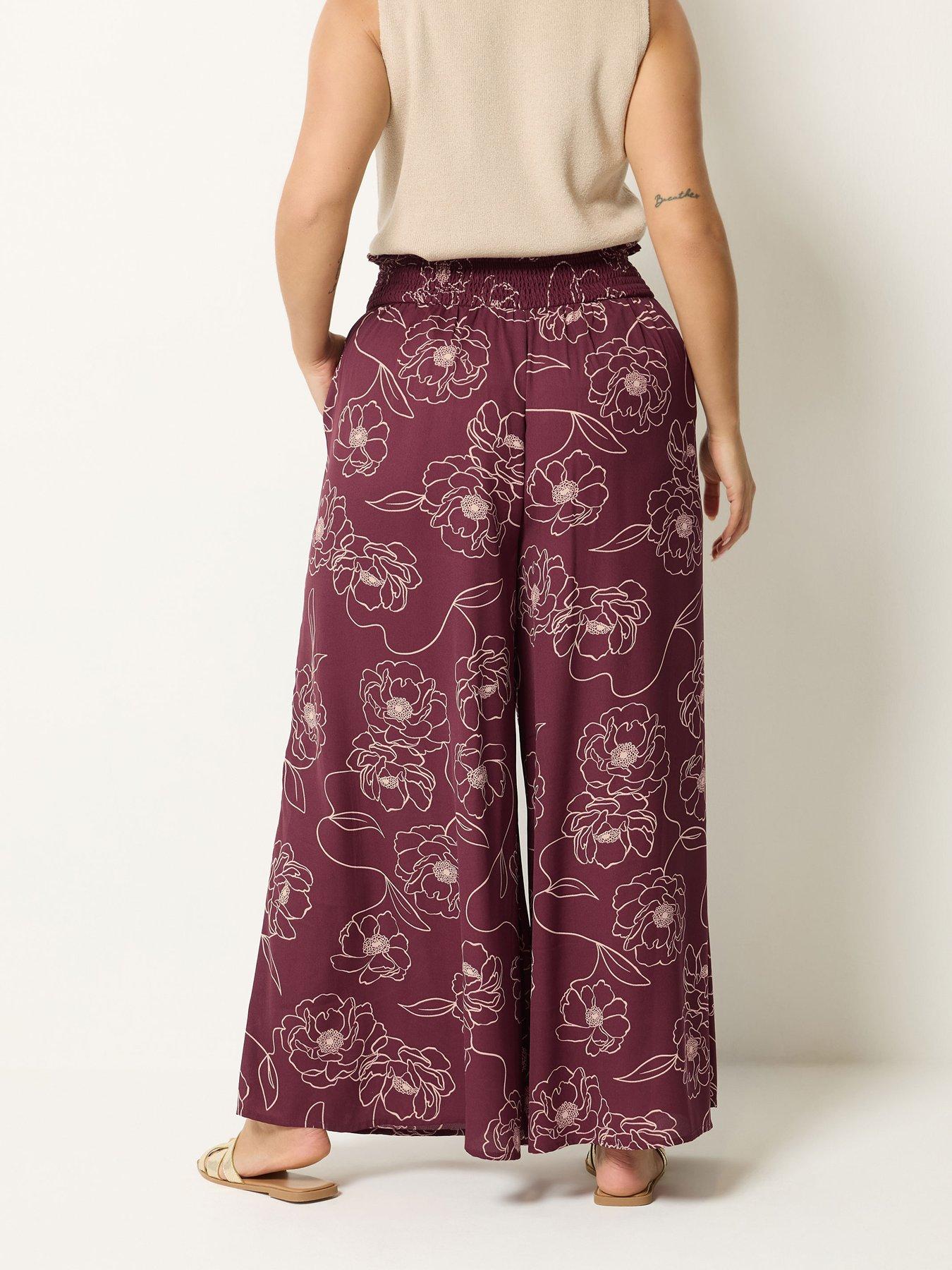 Image 2 of 4 of Yours Curve Floral Shirred Wide Leg Trousers 28" - Purple