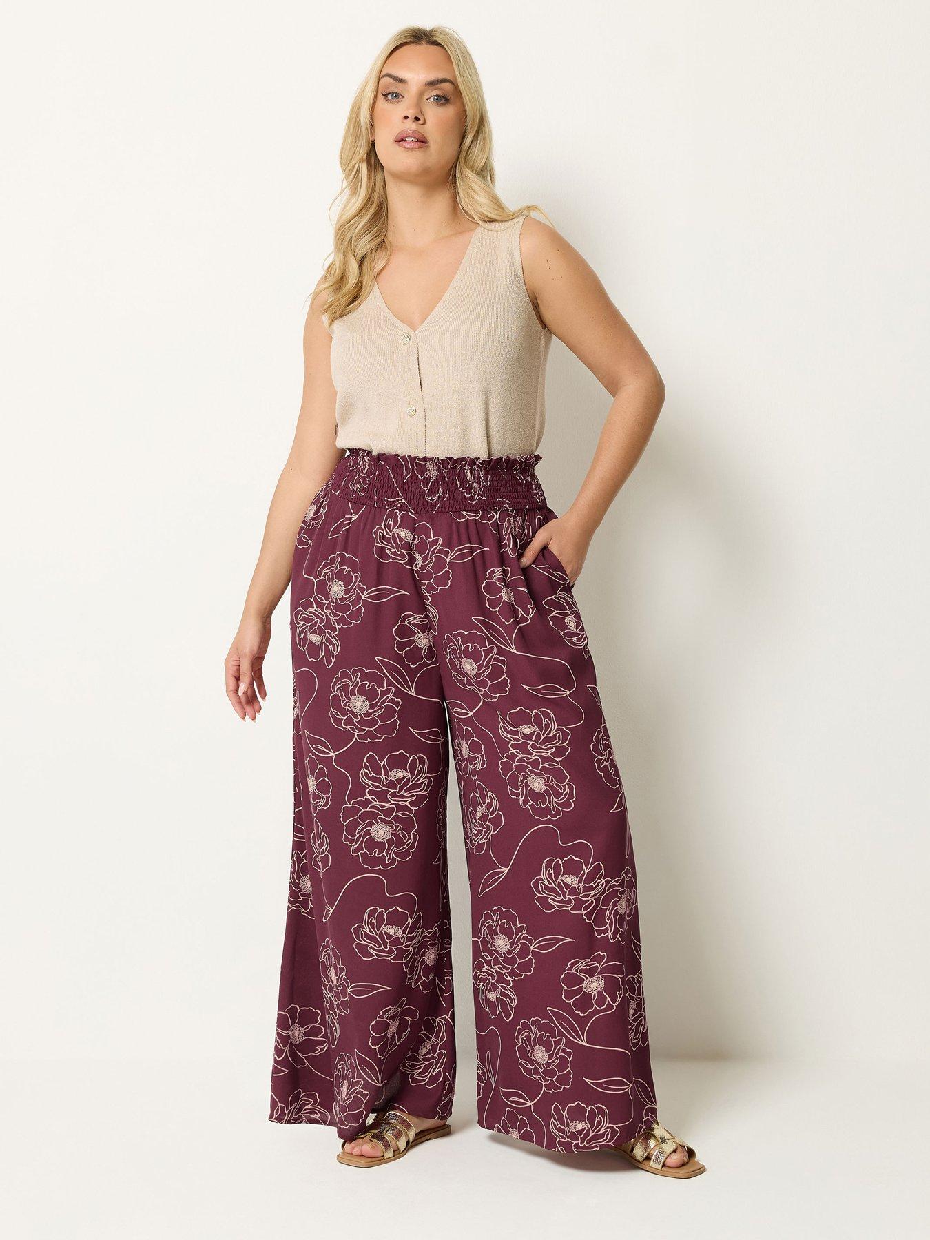 Image 3 of 4 of Yours Curve Floral Shirred Wide Leg Trousers 28" - Purple
